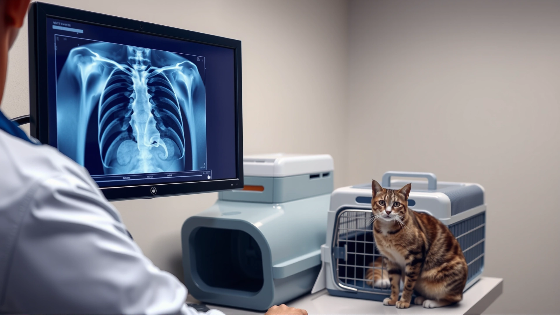 Veterinarian in scrubs examining a chest X-ray of a cat on a computer monitor while the cat waits calmly in its carrier nearby, modern clinic environment, no text.