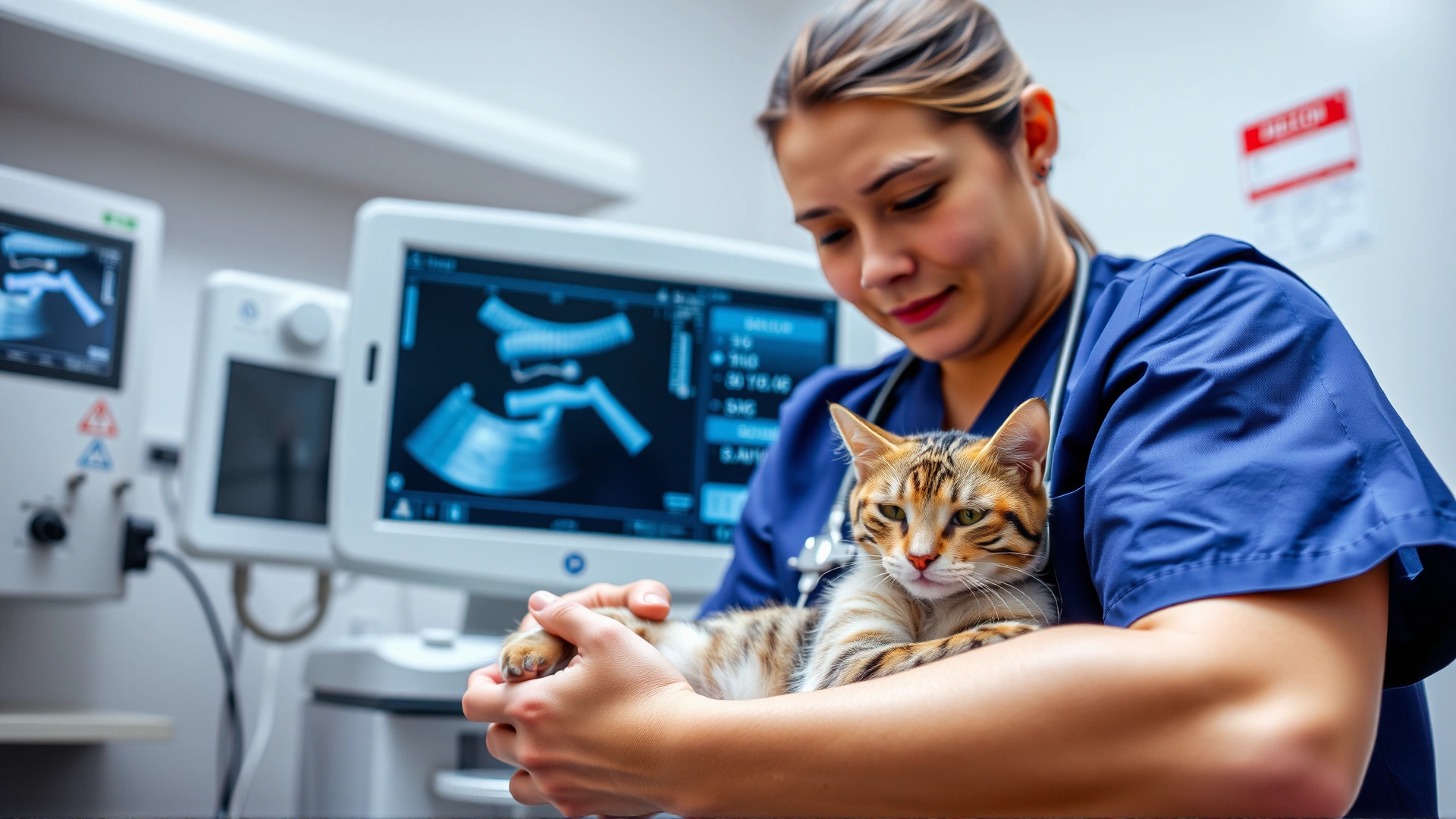 Veterinarian gently holding a calm cat while performing an ultrasound scan, medical equipment visible in background, clinic setting.