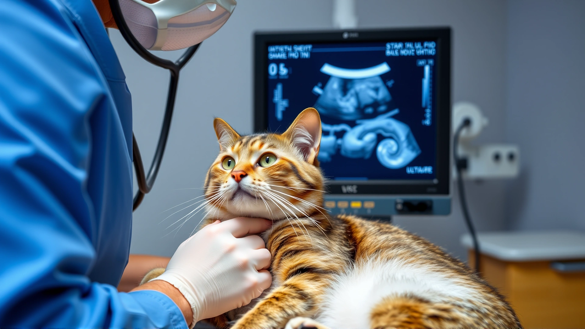Veterinarian performing abdominal ultrasound on a cooperative cat in a modern clinic, focus on both the ultrasound screen and the cat