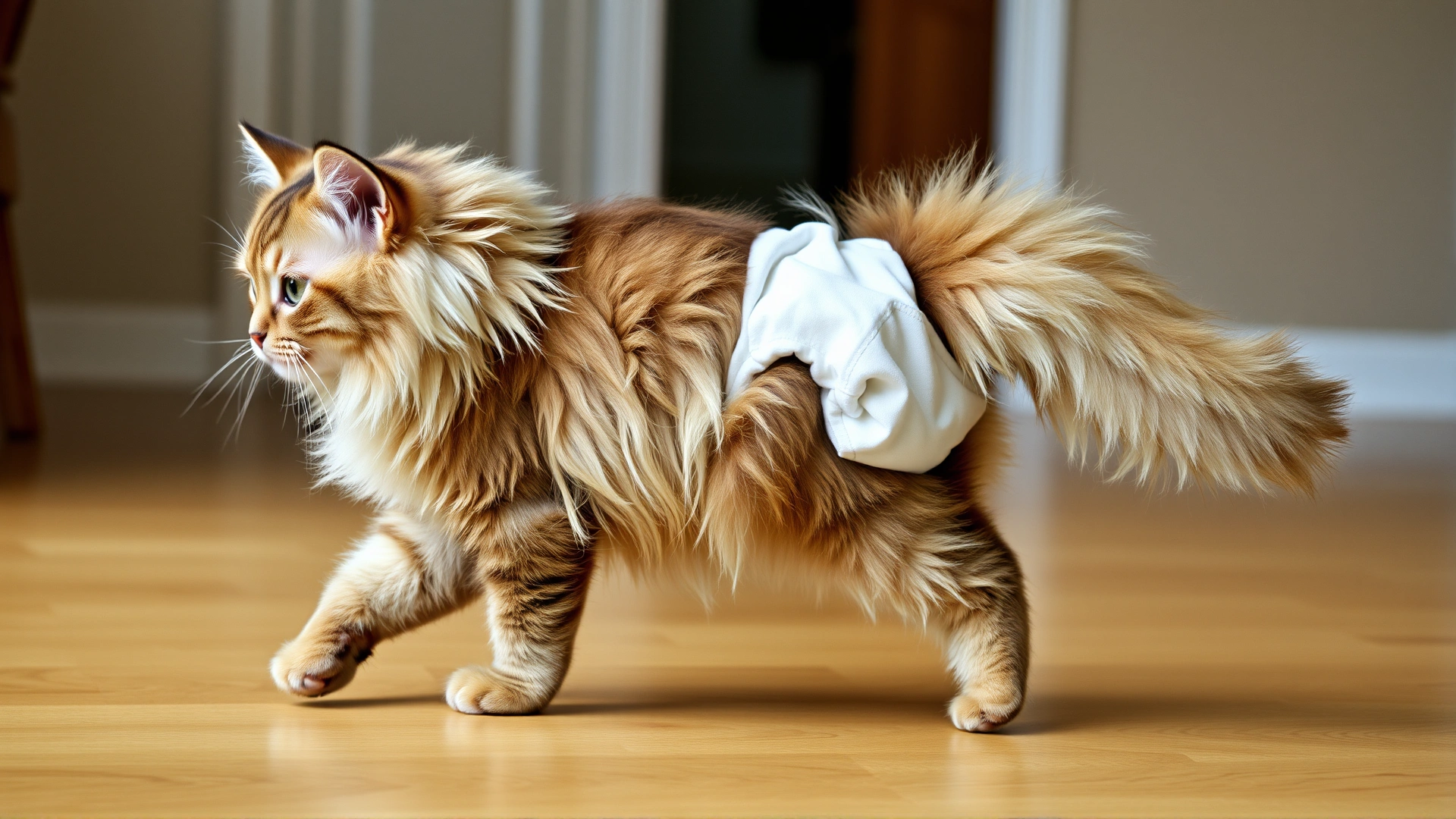 Indoor shot of a fluffy cat wearing a well-fitted pet diaper, walking comfortably across a wooden floor.