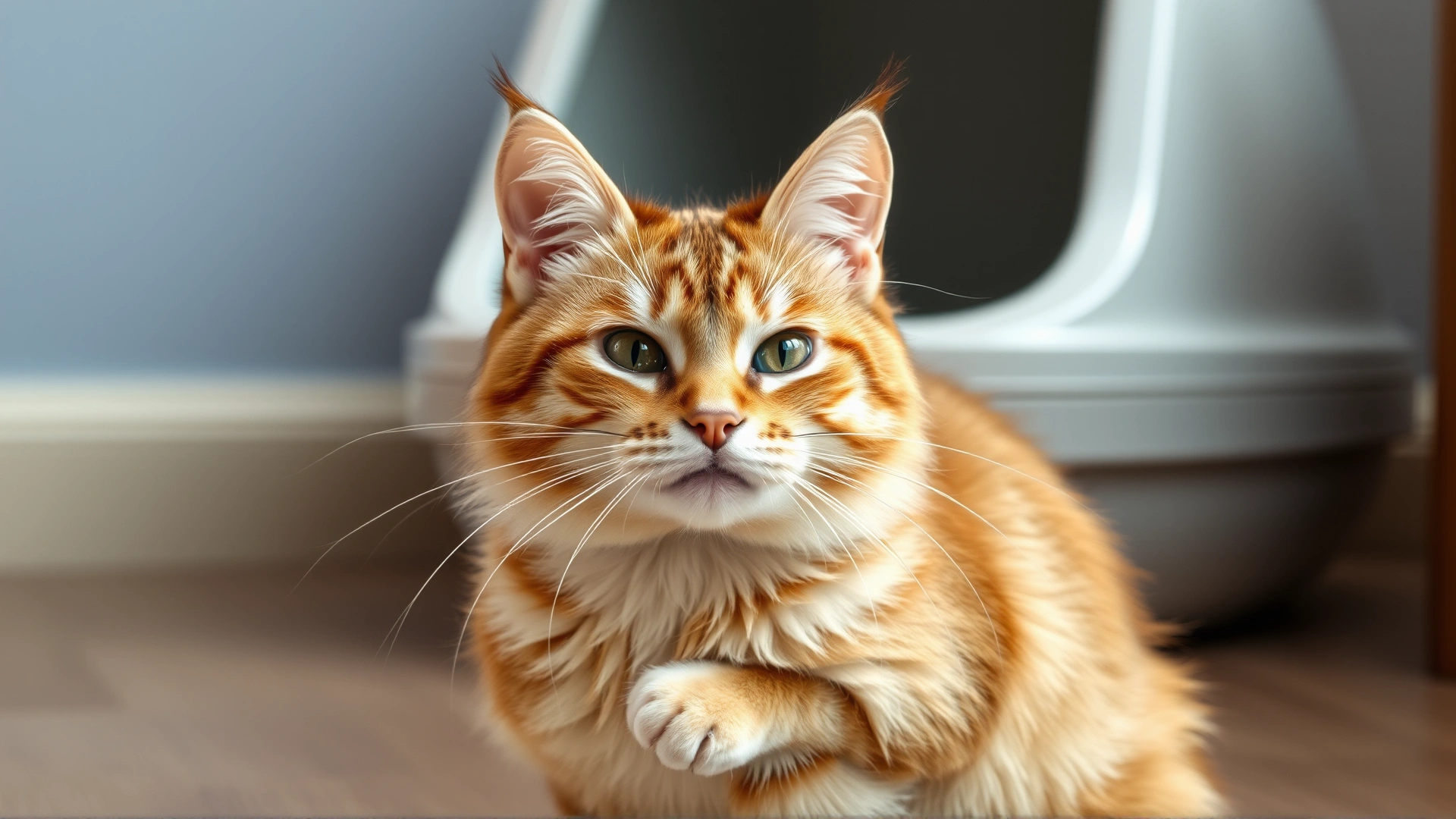 Indoor cat sitting near a litter box looking relieved and healthy, representing improvement after diarrhea treatment.