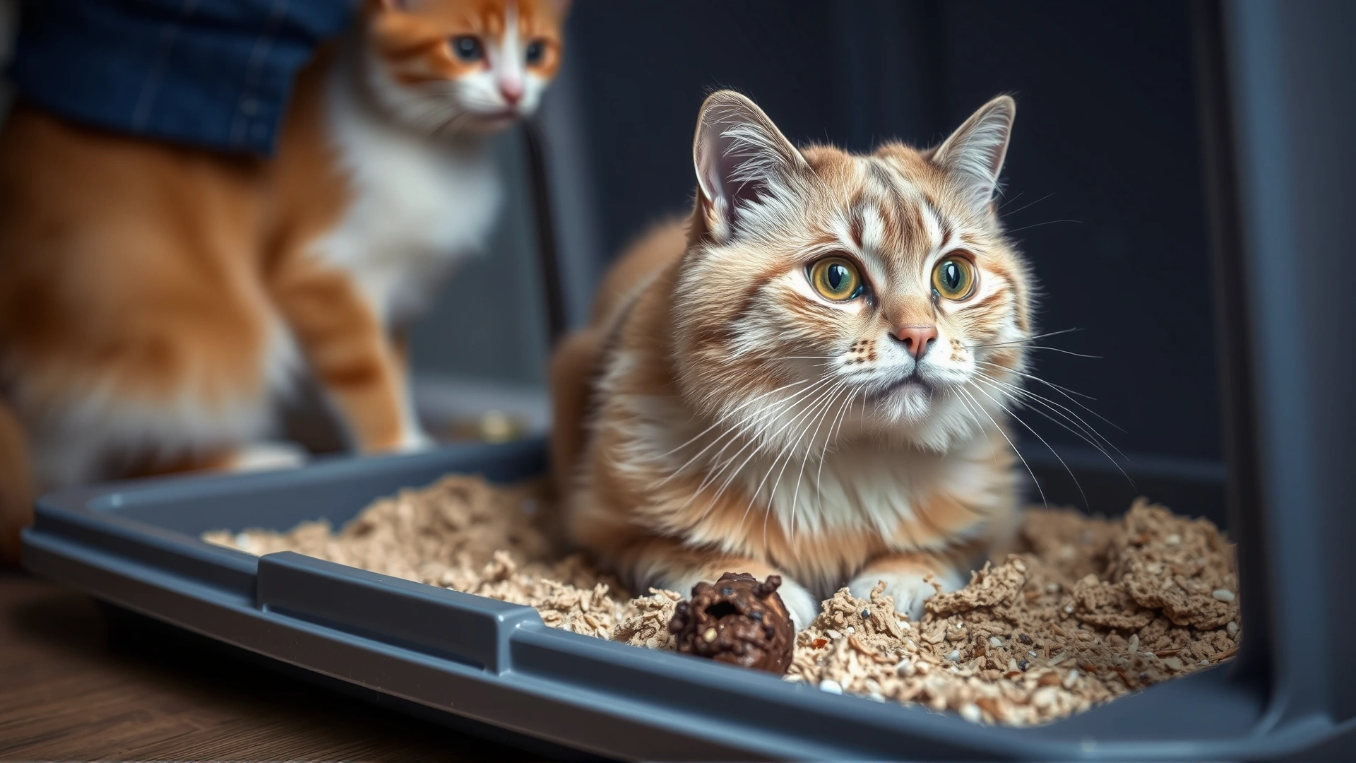 Photo of a concerned cat owner observing loose stool in a litter box (focus on the litter, cat blurred in background), no text.