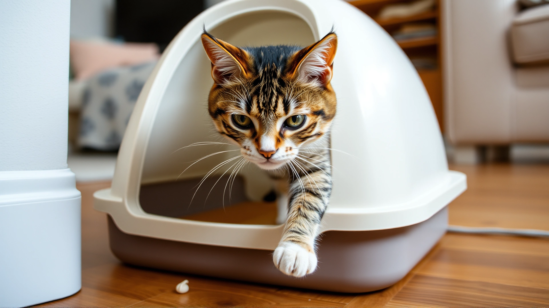 Medium shot of a tabby cat walking away from a litter box with loose stool visible, living room background, natural lighting.