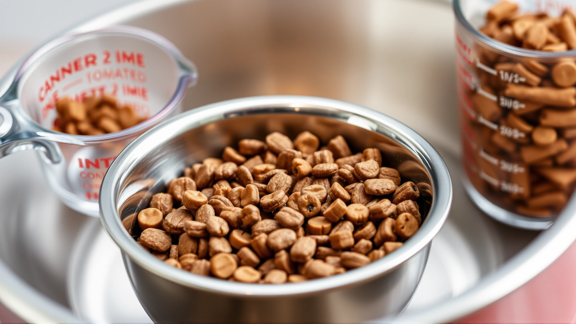 Close-up of a stainless steel bowl with portion-controlled dry cat food next to a transparent measuring cup