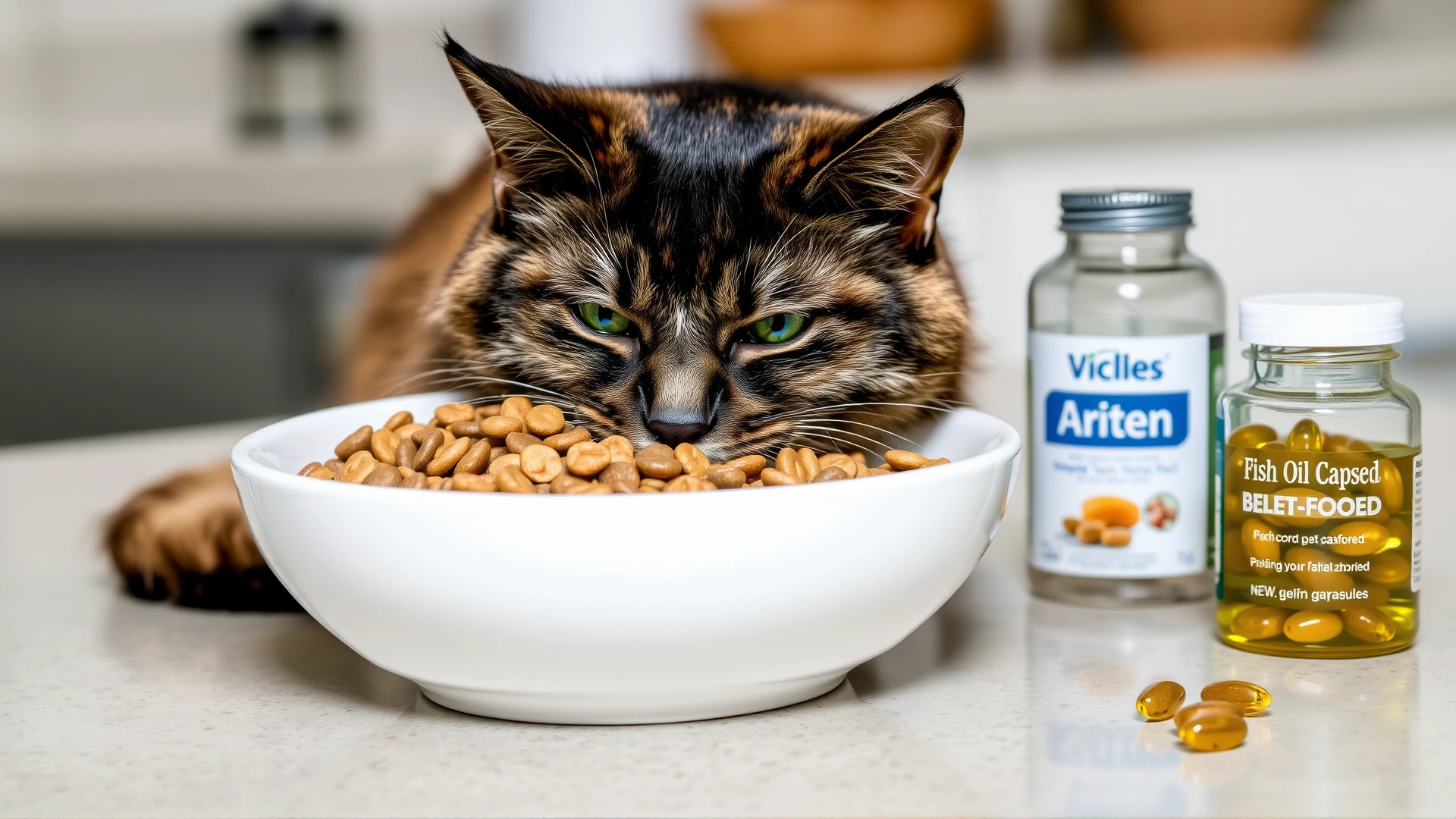 Bowl filled with portion-controlled low-fat dry cat food next to a small glass bottle of fish oil capsules on a kitchen countertop.