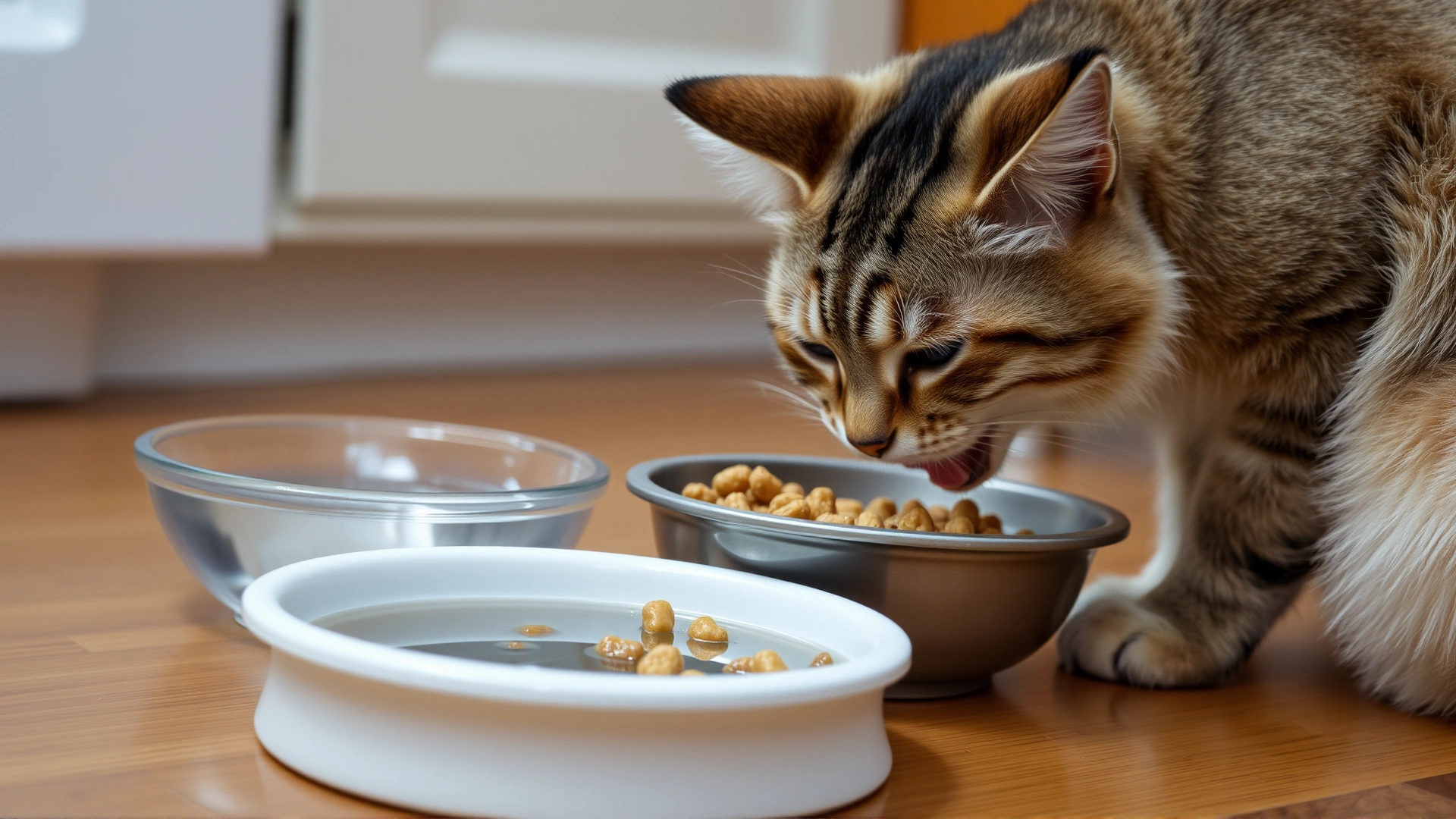 Cat eating wet low-sodium food from a bowl next to a fresh water dish on a kitchen floor.