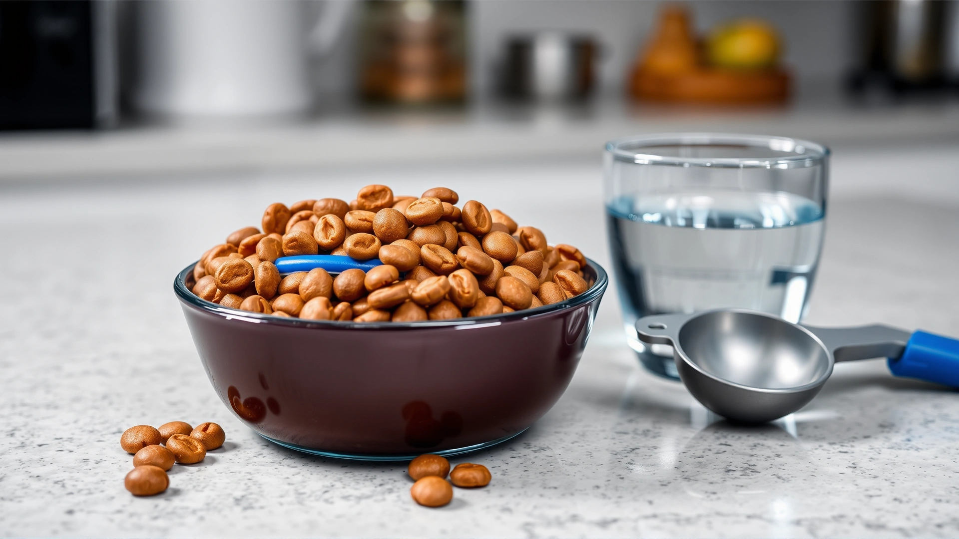Bowl of veterinary prescription cat food next to fresh water and a measuring scoop on a clean kitchen counter.
