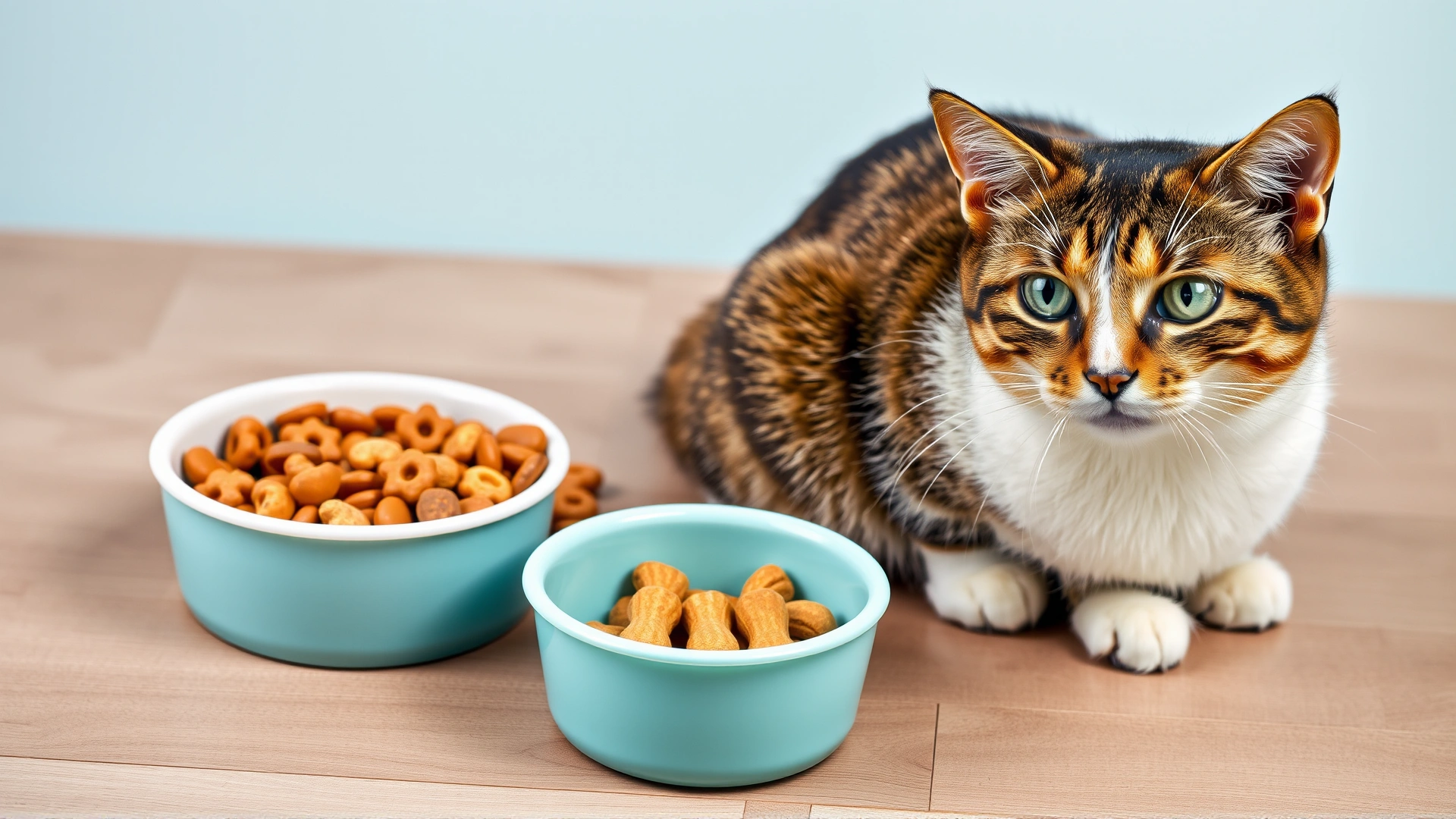 Bowls containing wet food, dry kibble, and dental treats arranged neatly beside a curious domestic cat.