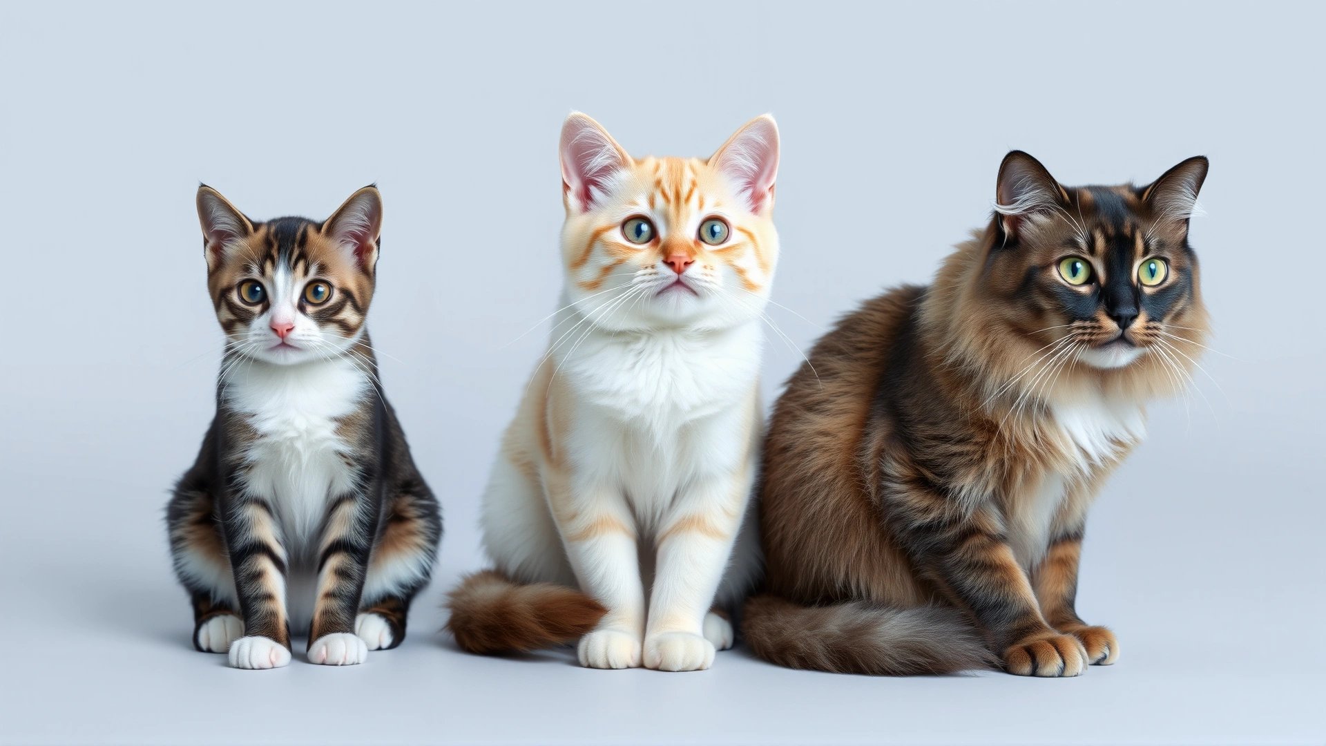 Three cats—kitten, adult, and senior—sitting side by side on a plain background, highlighting different life stages.