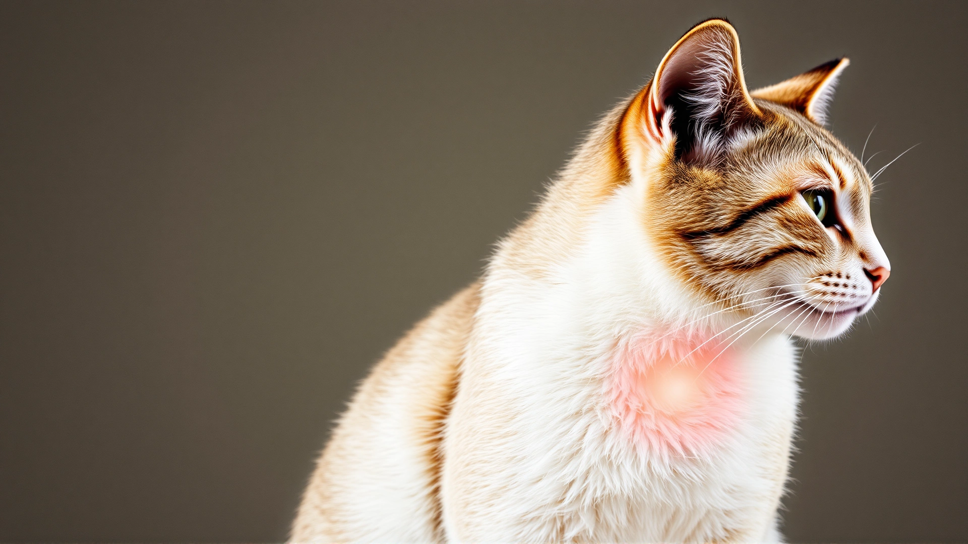 Profile view of a cat with a subtle glow effect highlighting the stomach area, neutral background, no text.