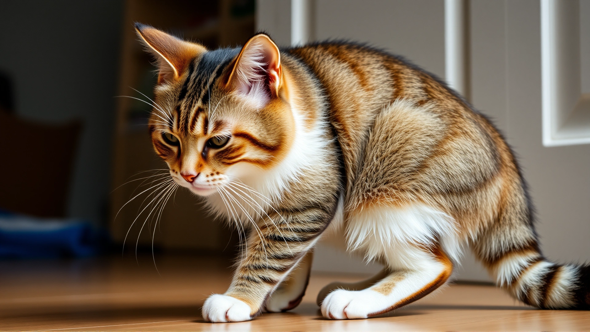 Domestic cat showing signs of discomfort in the hind legs, slightly hunched posture, indoor setting