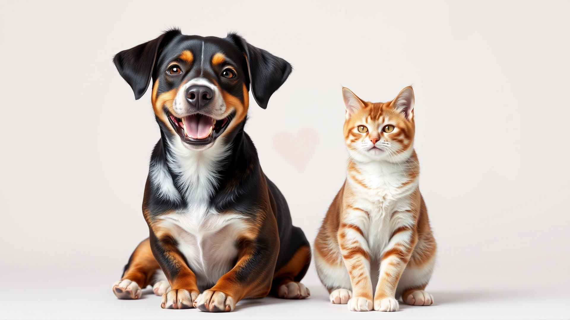 Happy dog and cat sitting side by side with a faint heart shape in the background, bright neutral background, no text