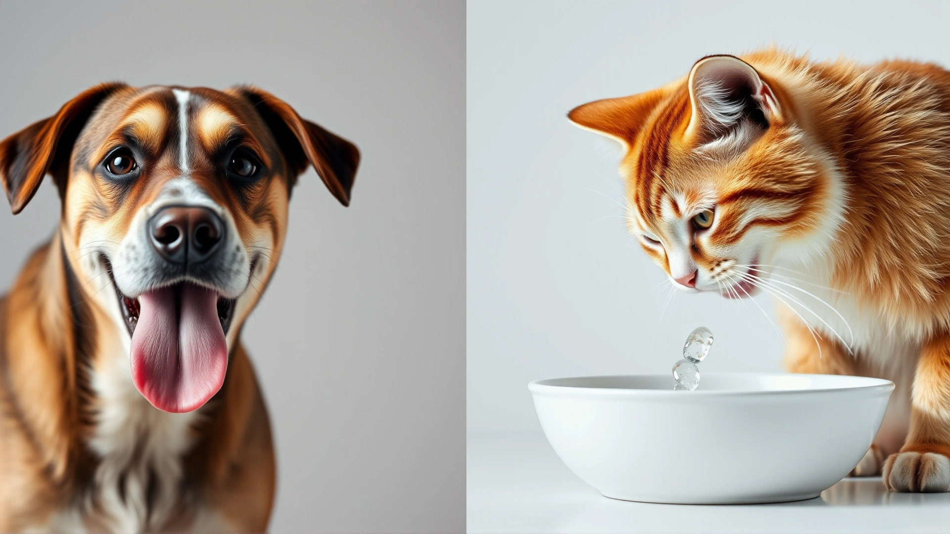 A side-by-side portrait of a dog with its tongue out and a cat drinking water from a bowl against a soft background, symbolizing hydration.