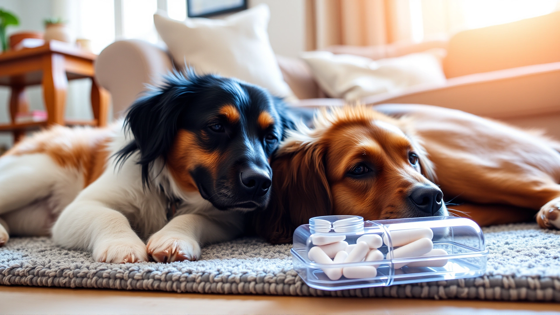 Friendly cat and dog resting together on a living room rug with a clear pill organizer beside them, natural sunlight.