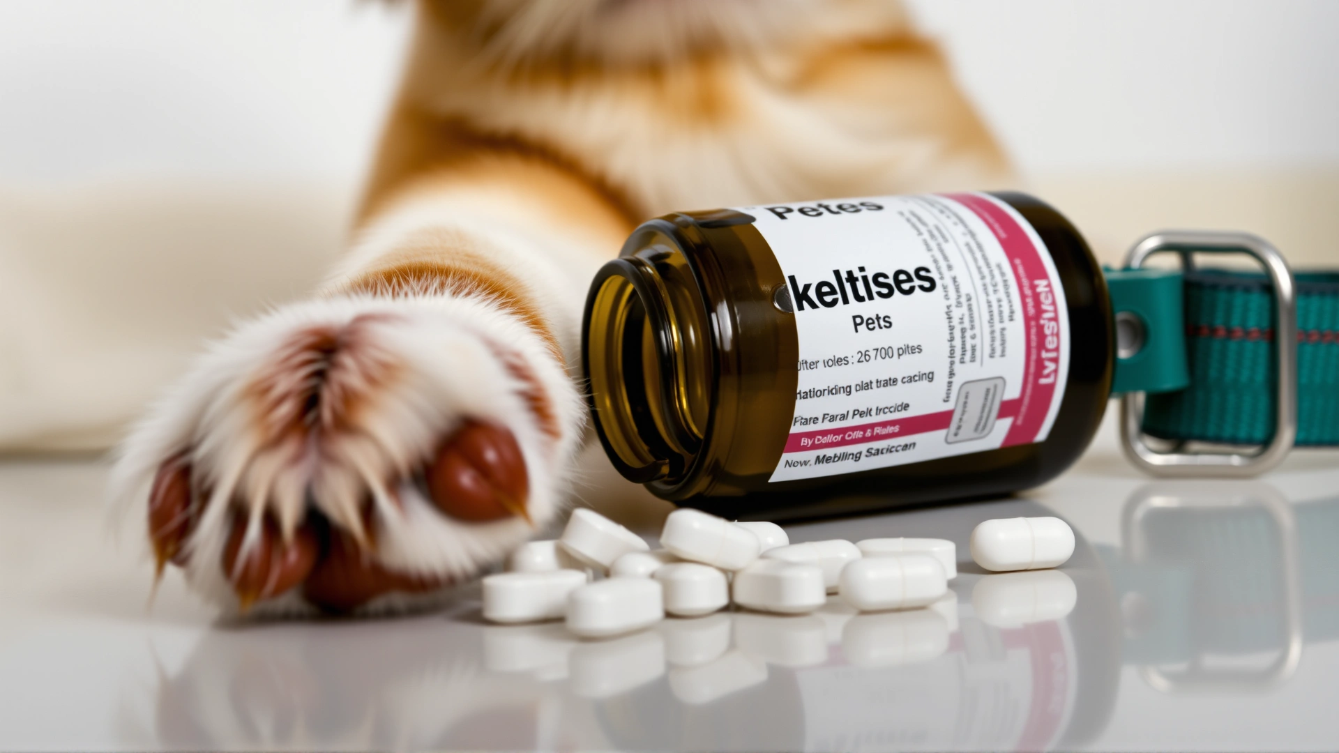 Still-life image of a veterinary pill bottle labeled for pets with several small white tablets scattered on a clean countertop, alongside a cat collar and a dog paw in the frame to suggest pet medication.