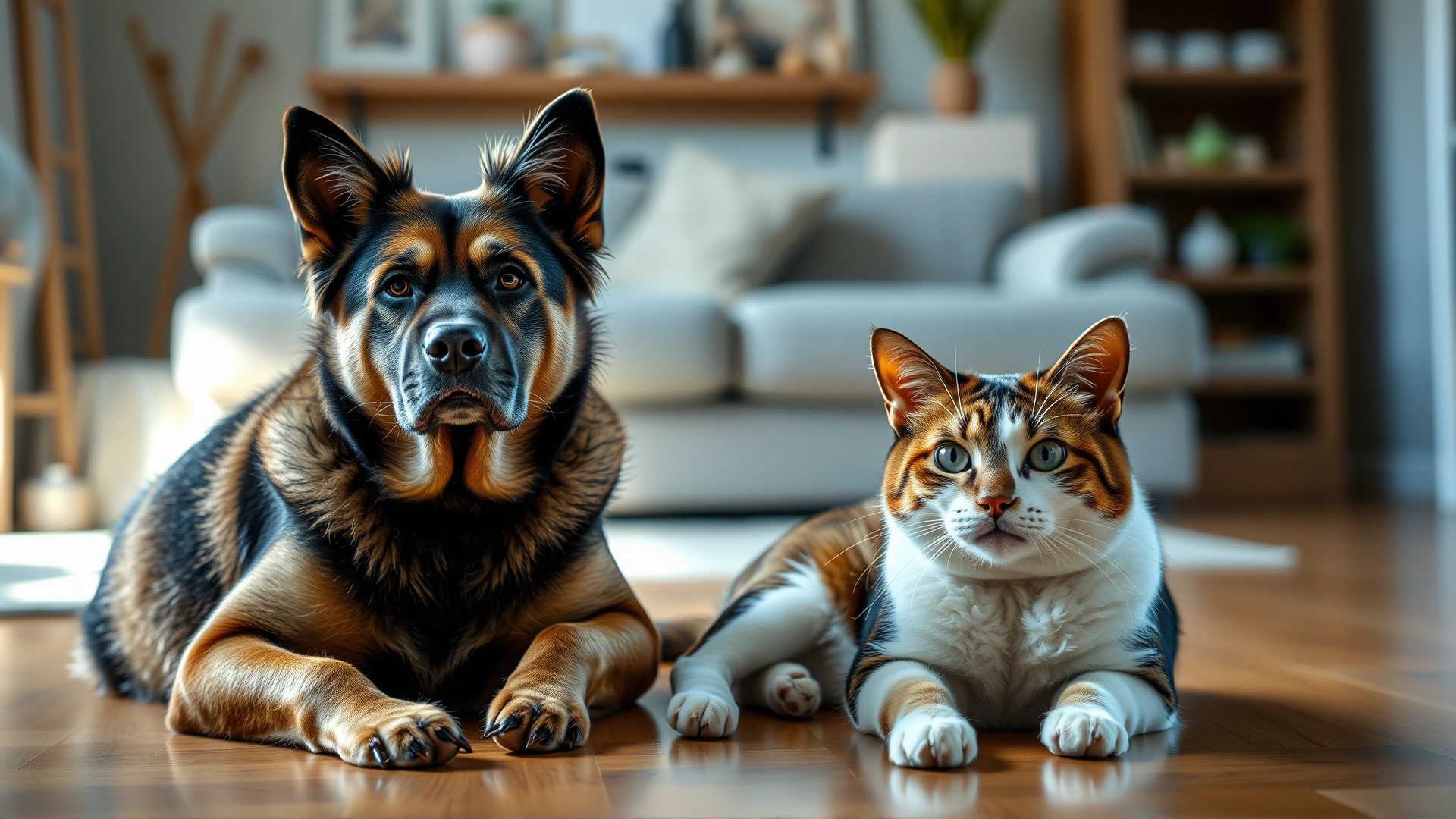 A relaxed cat and dog sitting together on a living room floor, both looking healthy and calm, natural home environment with soft daylight