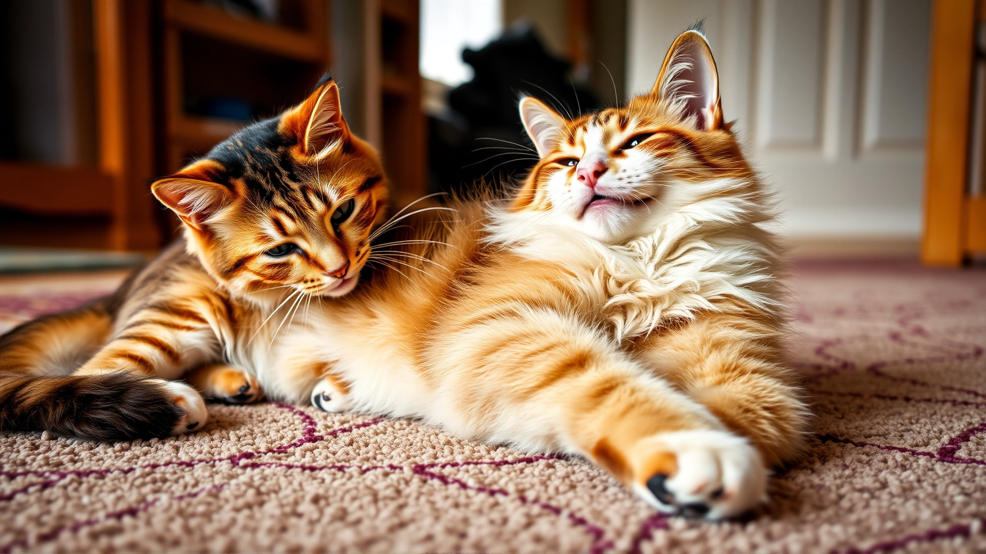 Cat grooming a dog happily on carpet, both appear comfortable and itch-free, warm home environment.