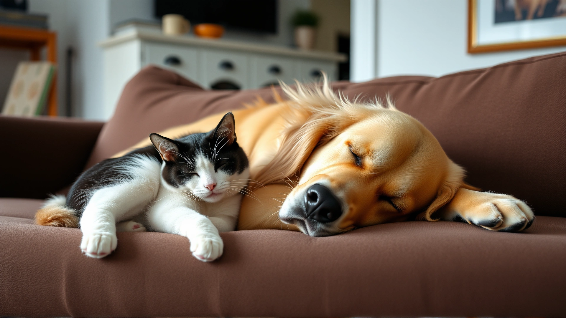 Peaceful scene of a tuxedo cat and golden retriever napping side by side on a living room sofa
