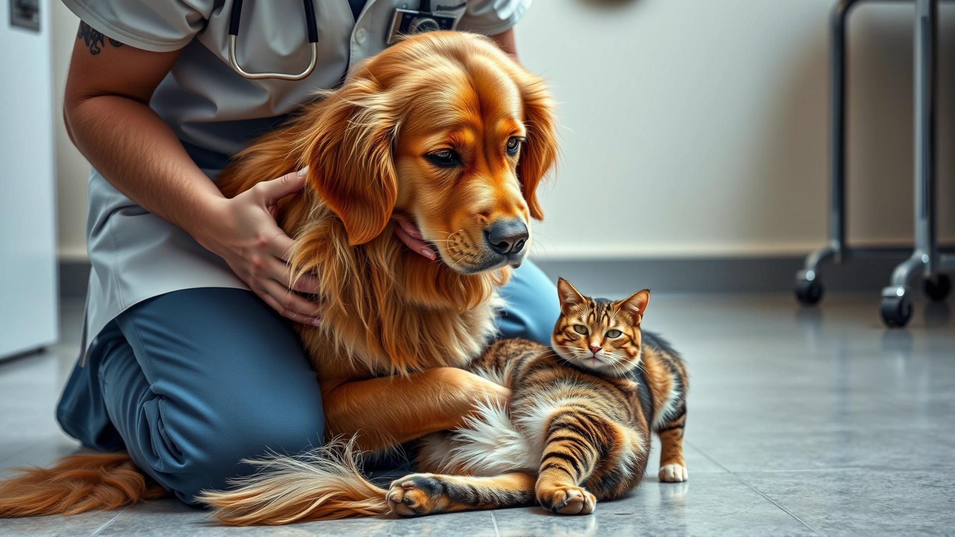 A veterinarian kneeling on the floor comforting both a golden retriever and a tabby cat before drawing blood, highlighting a calm and caring environment.