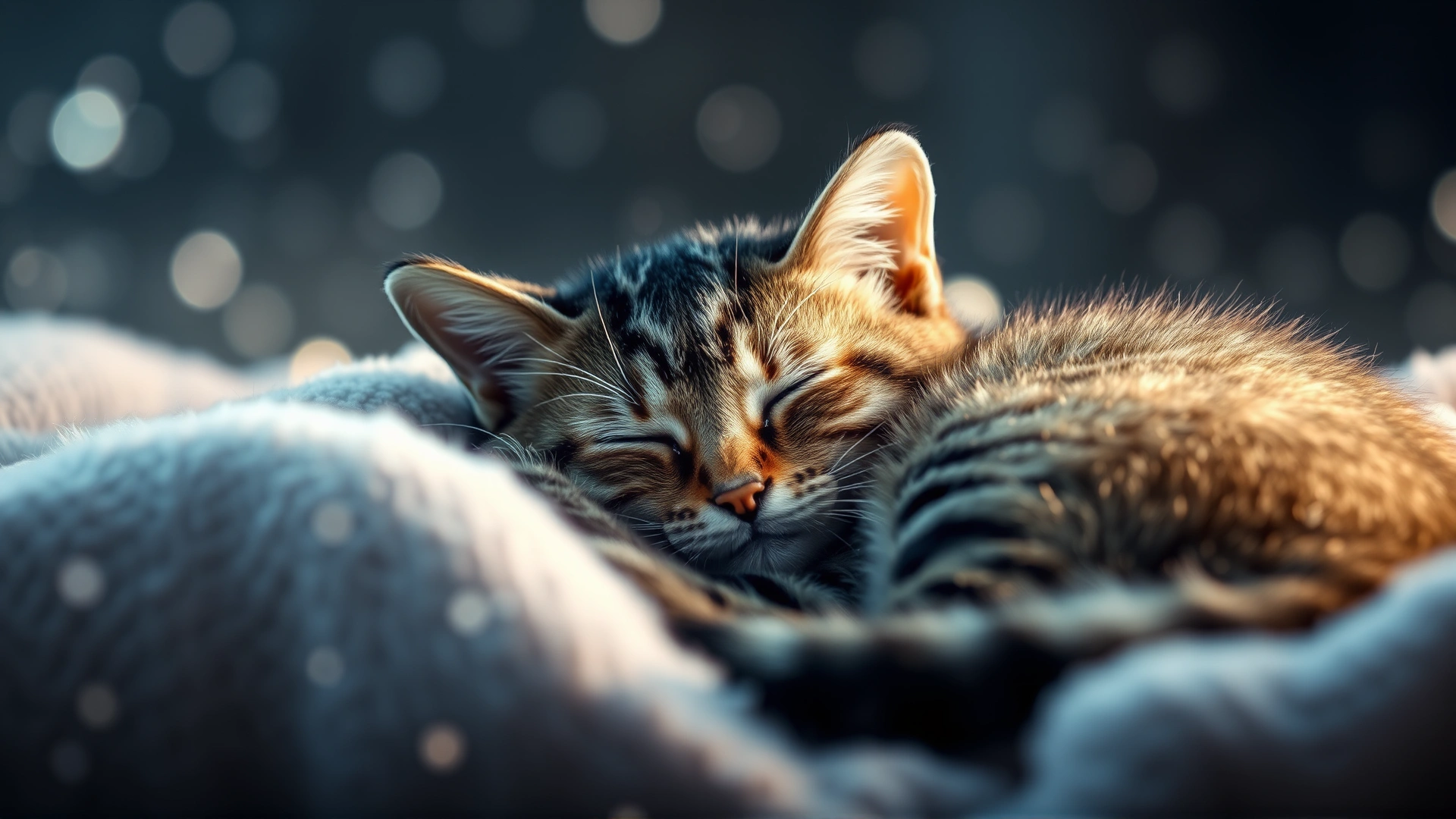 Sleeping tabby cat curled on a cozy blanket with dreamy haze effect and gentle bokeh light particles, evoking the idea of dreaming, high resolution