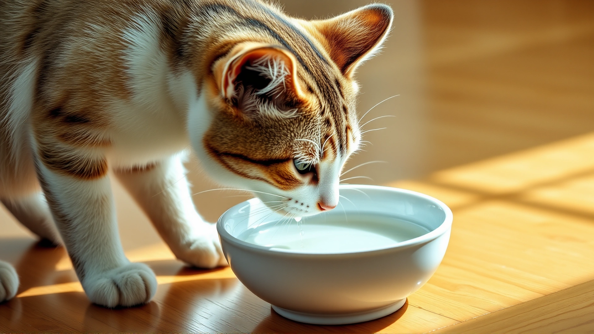 Domestic cat drinking fresh water from a ceramic bowl placed on a wooden floor, natural daylight, focus on hydration concept.