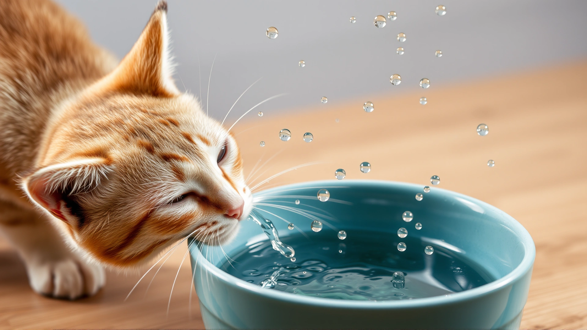 High-speed photo capturing a cat lapping water from a bowl with water droplets suspended in mid-air.