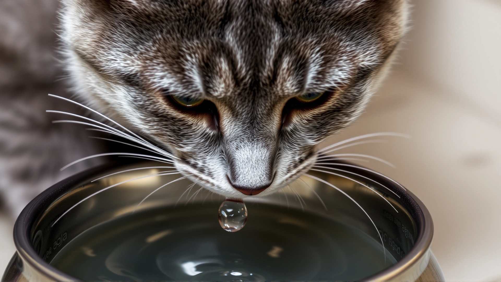 Close-up of a grey domestic cat drinking water from a stainless steel bowl, showing ripples in the water.