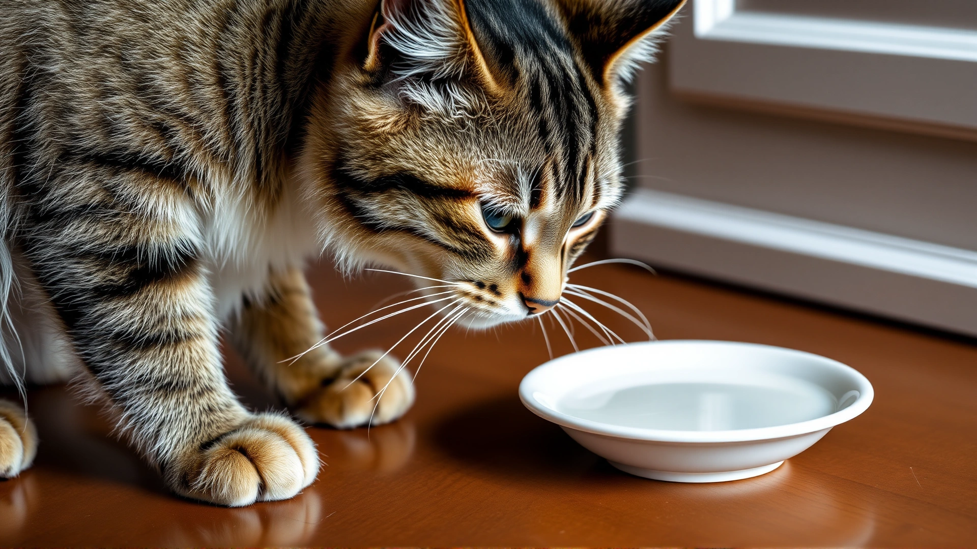 Adult tabby cat leaning toward a white saucer filled with milk, but hesitating to drink; wooden floor and soft daylight, no text