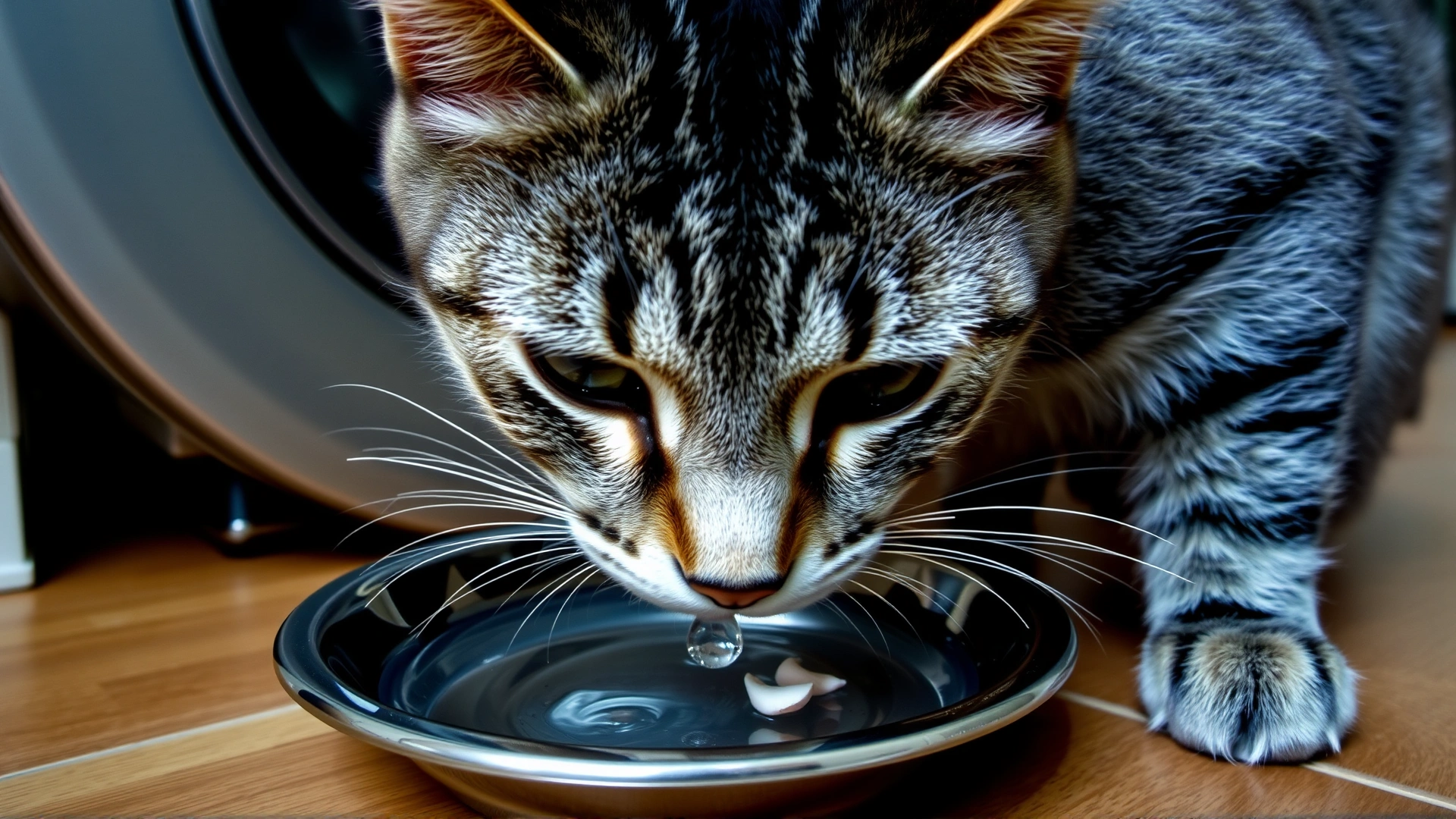 Close-up of a gray tabby cat drinking fresh water from a stainless steel bowl, kitchen floor background