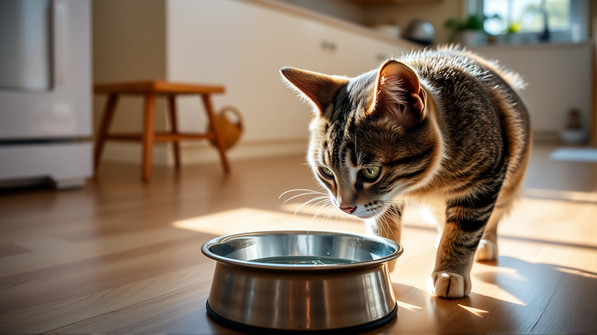 Domestic short-haired cat eagerly drinking water from a stainless steel bowl placed on a kitchen floor with warm sunlight streaming in.