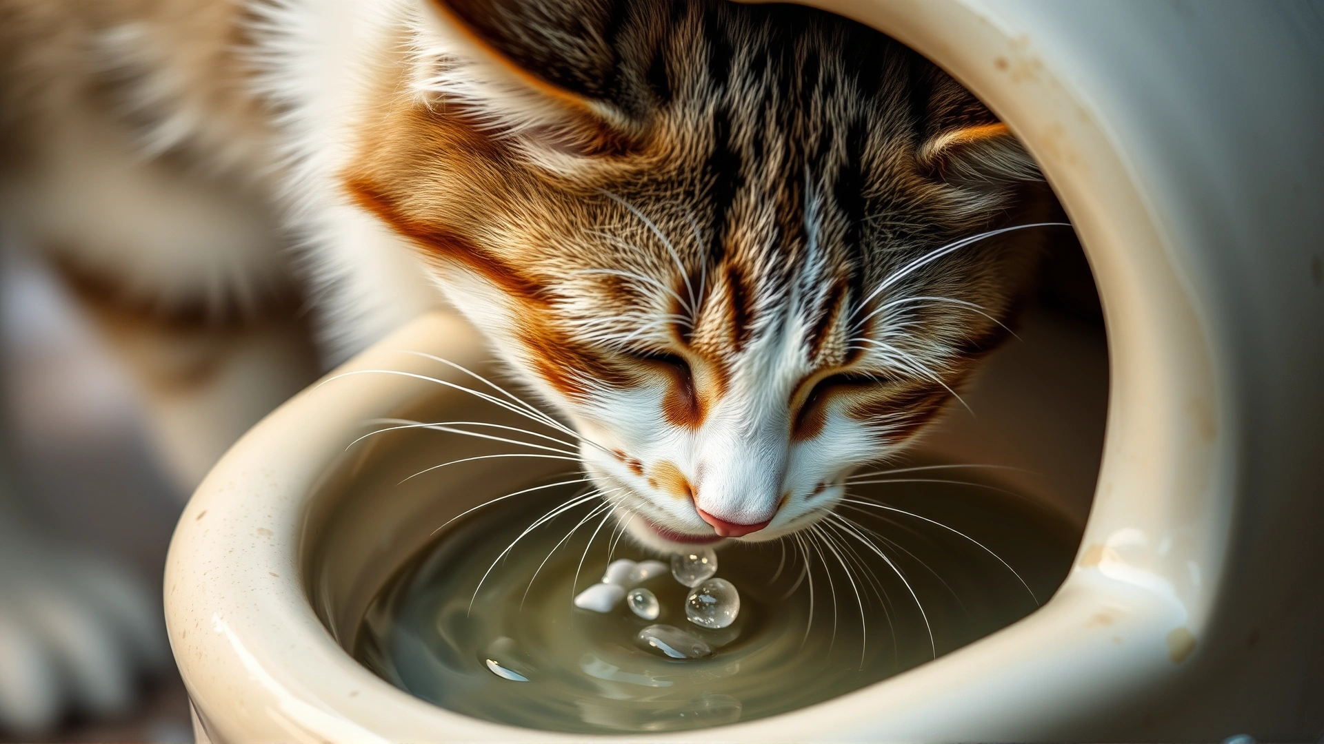 High-resolution close-up of a cat drinking from a ceramic water fountain, water ripples captured mid-motion to emphasize hydration.