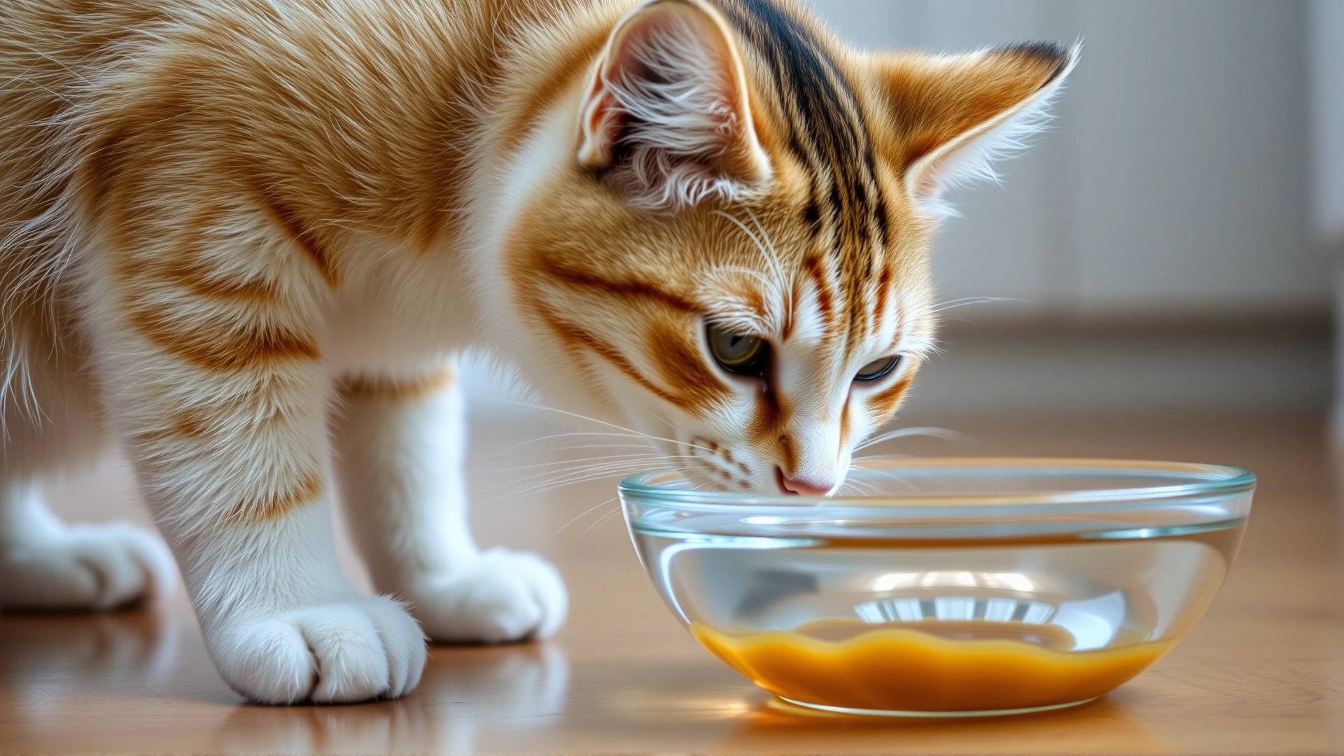 Close-up shot of a healthy domestic cat drinking fresh water from a glass bowl placed on a kitchen floor.