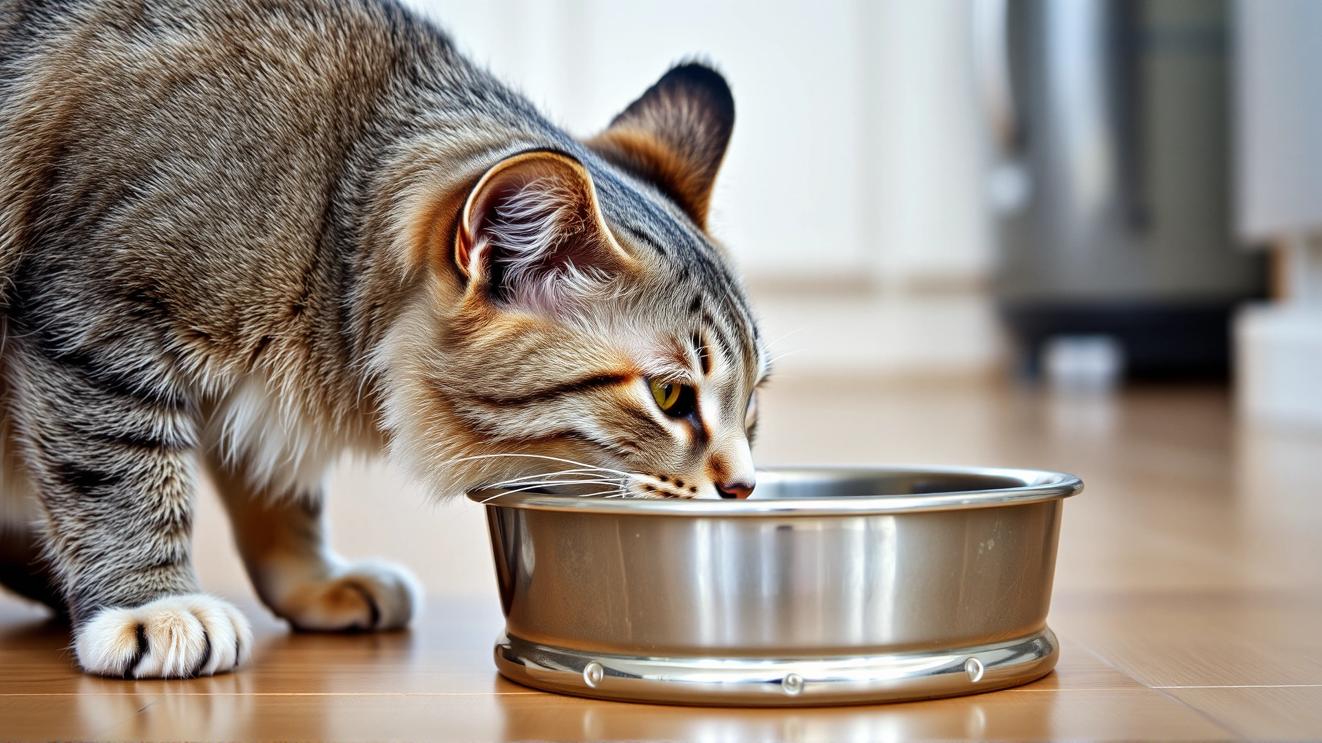 Close-up photo of a domestic short-haired cat drinking fresh water from a stainless-steel bowl placed on a kitchen floor, bright natural light, no text