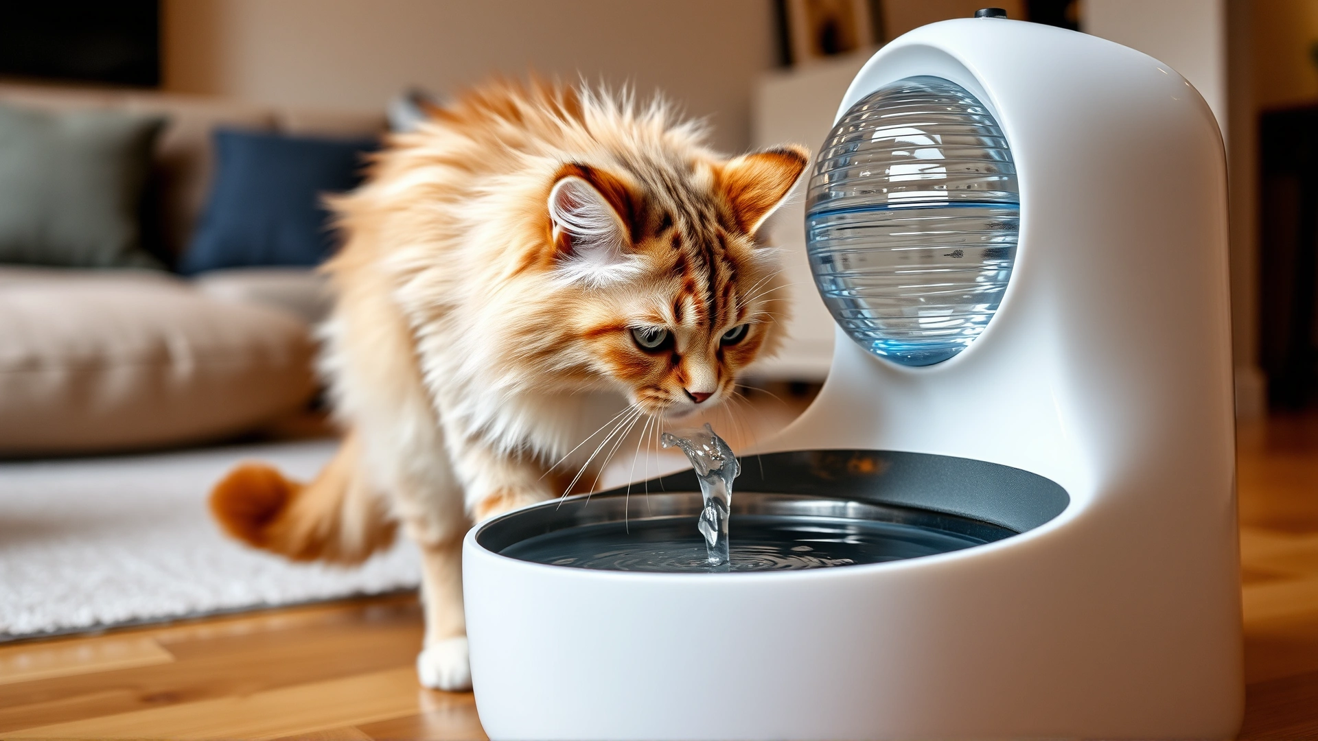 Candid image of a fluffy cat drinking from a modern water fountain designed for pets, living room environment, soft lighting.