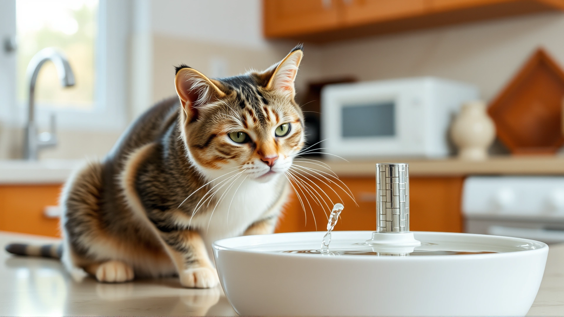 High-resolution photo of a domestic short-haired cat drinking fresh water from a fountain bowl in a home kitchen