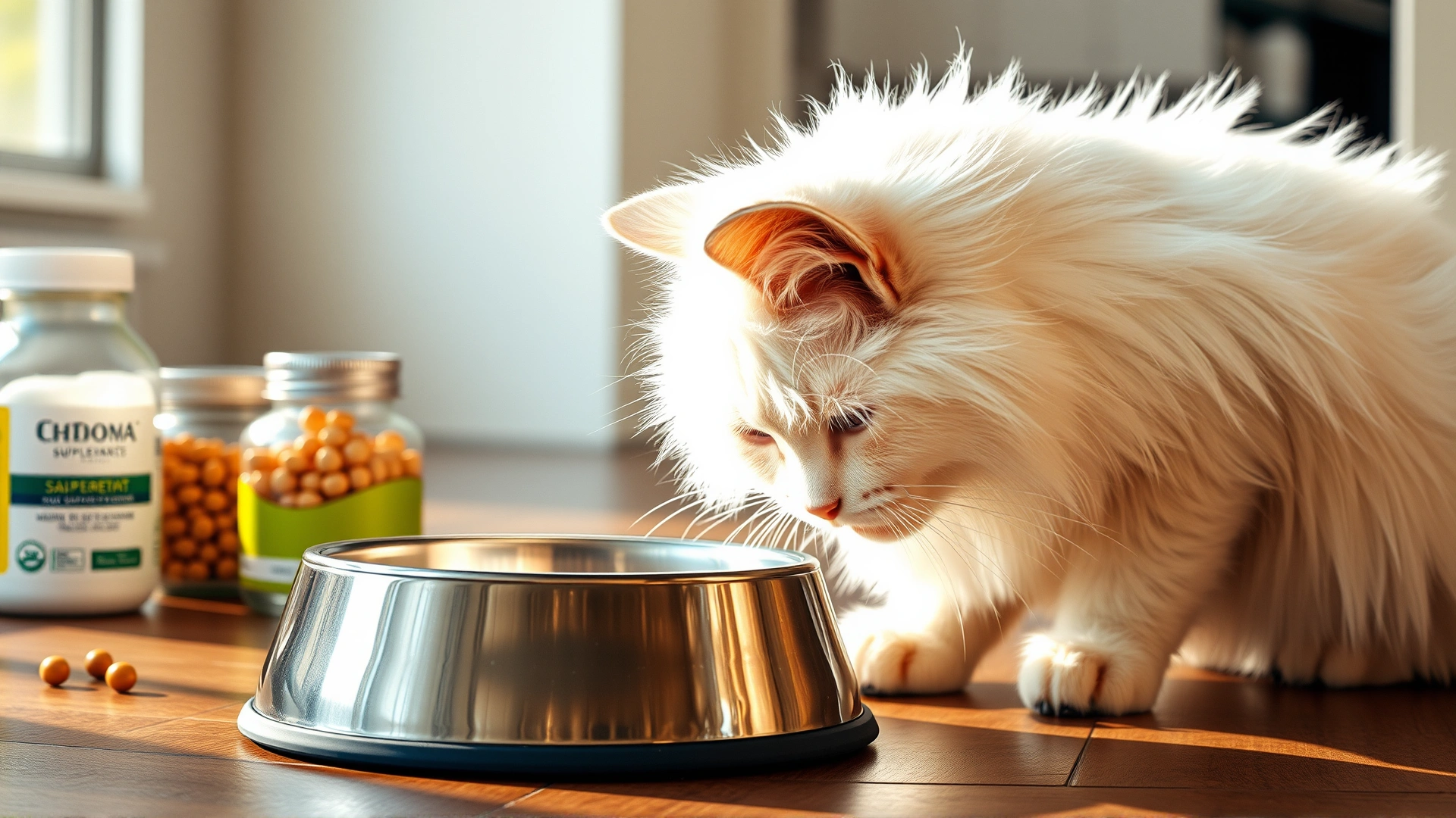 White fluffy cat drinking water from a stainless steel bowl near supplement containers, hardwood floor, morning light