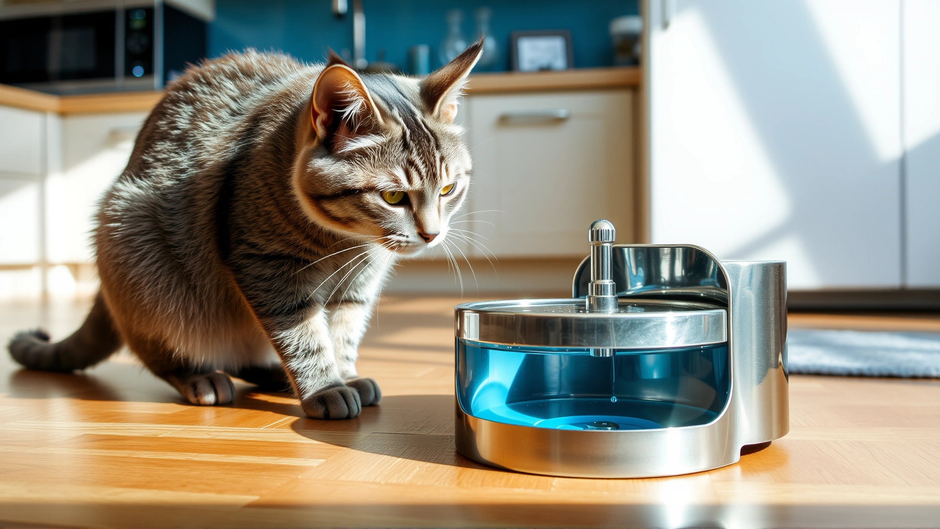 Grey cat drinking from a stainless-steel pet water fountain on a kitchen floor with natural daylight