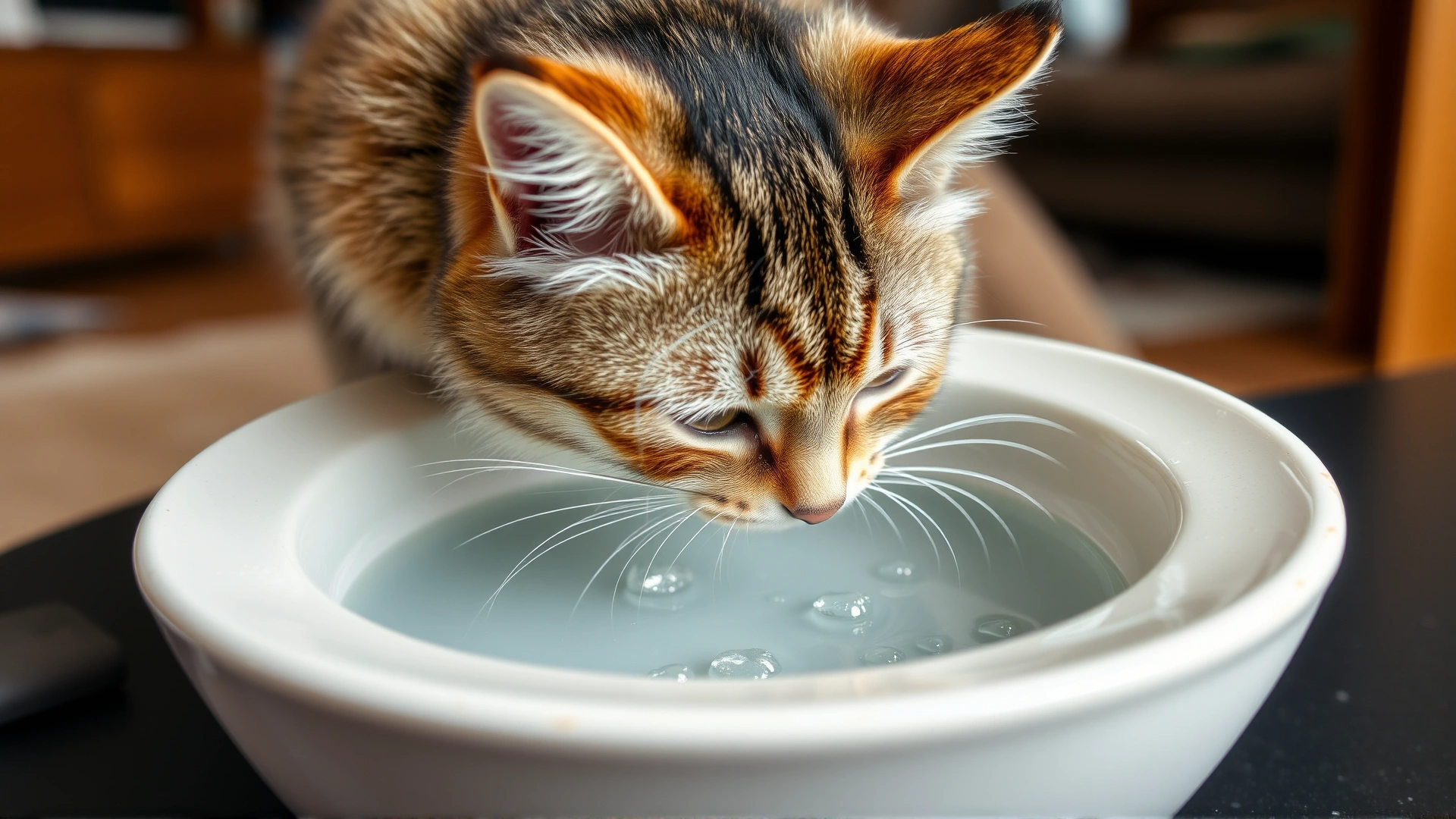 Cat drinking fresh water from a wide ceramic bowl, clear water droplets, home interior.