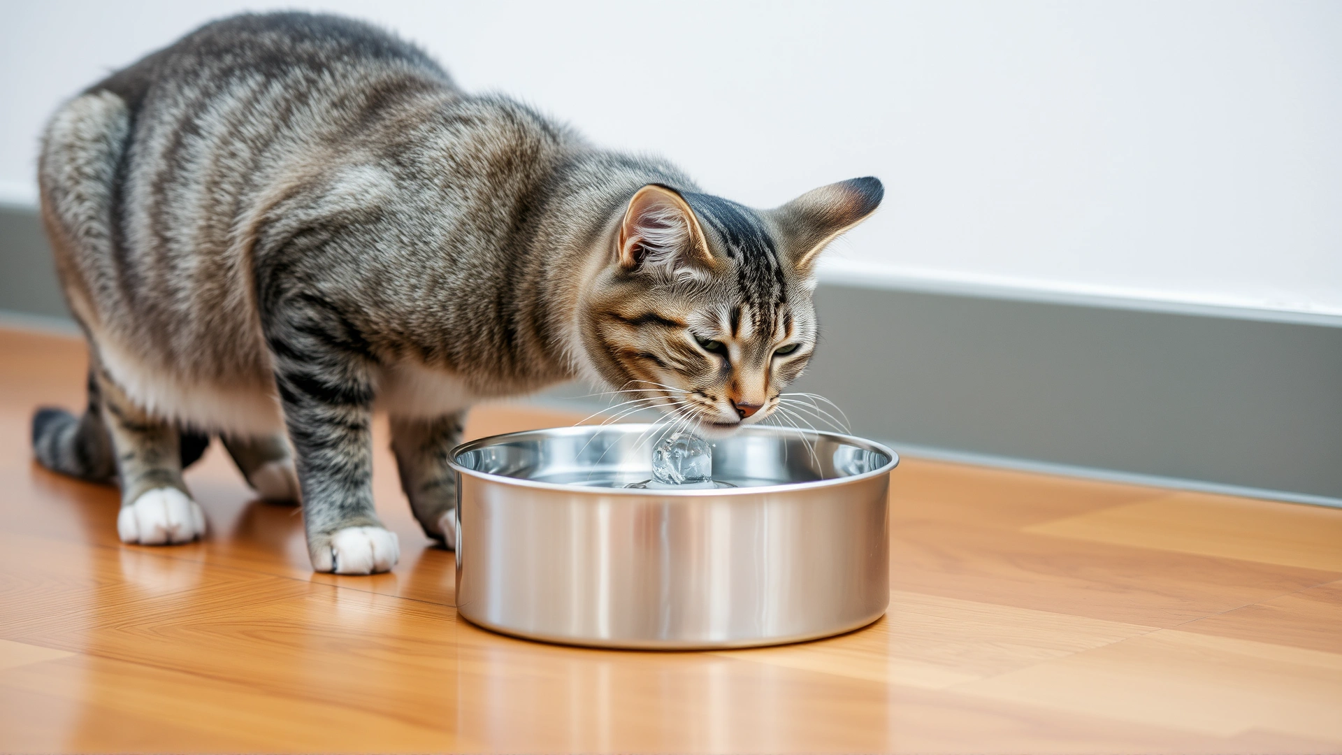Grey tabby cat drinking fresh water from a stainless steel pet fountain on hardwood floor.