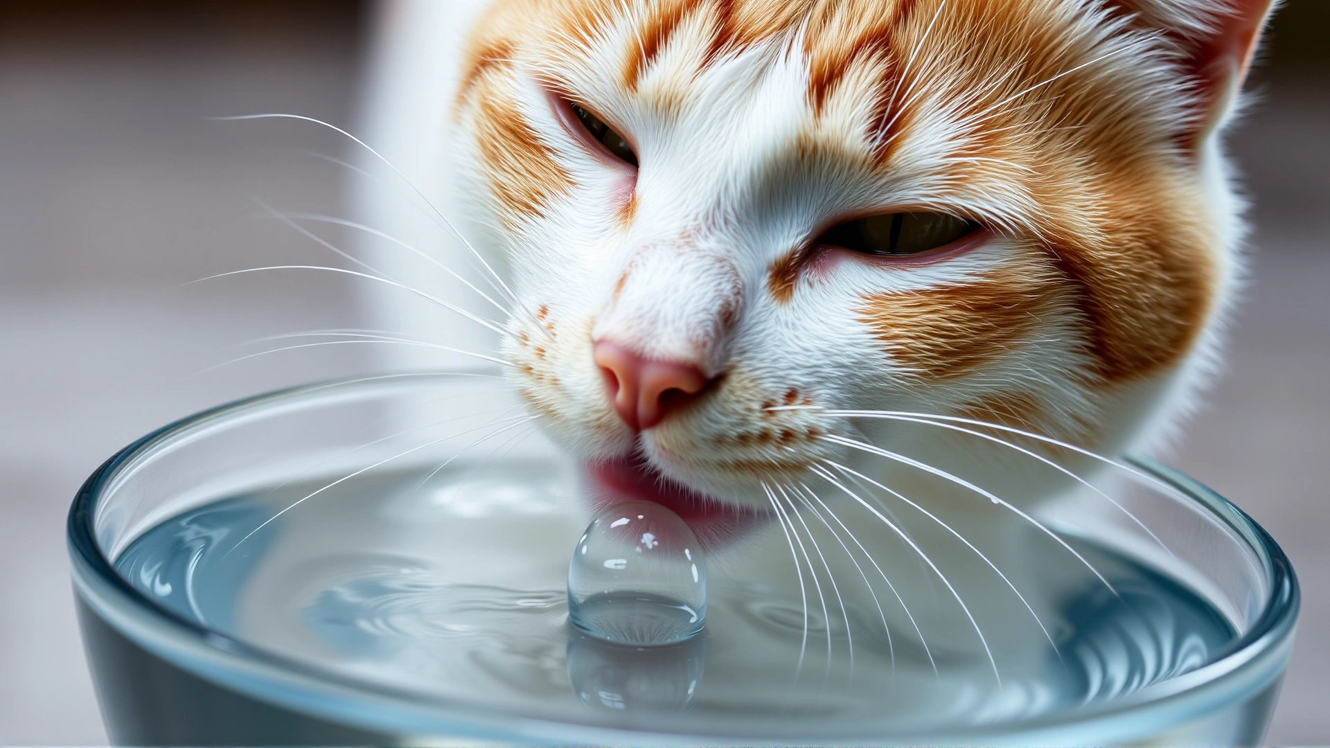 Photo of an adult cat lapping fresh water from a glass bowl, emphasizing hydration.