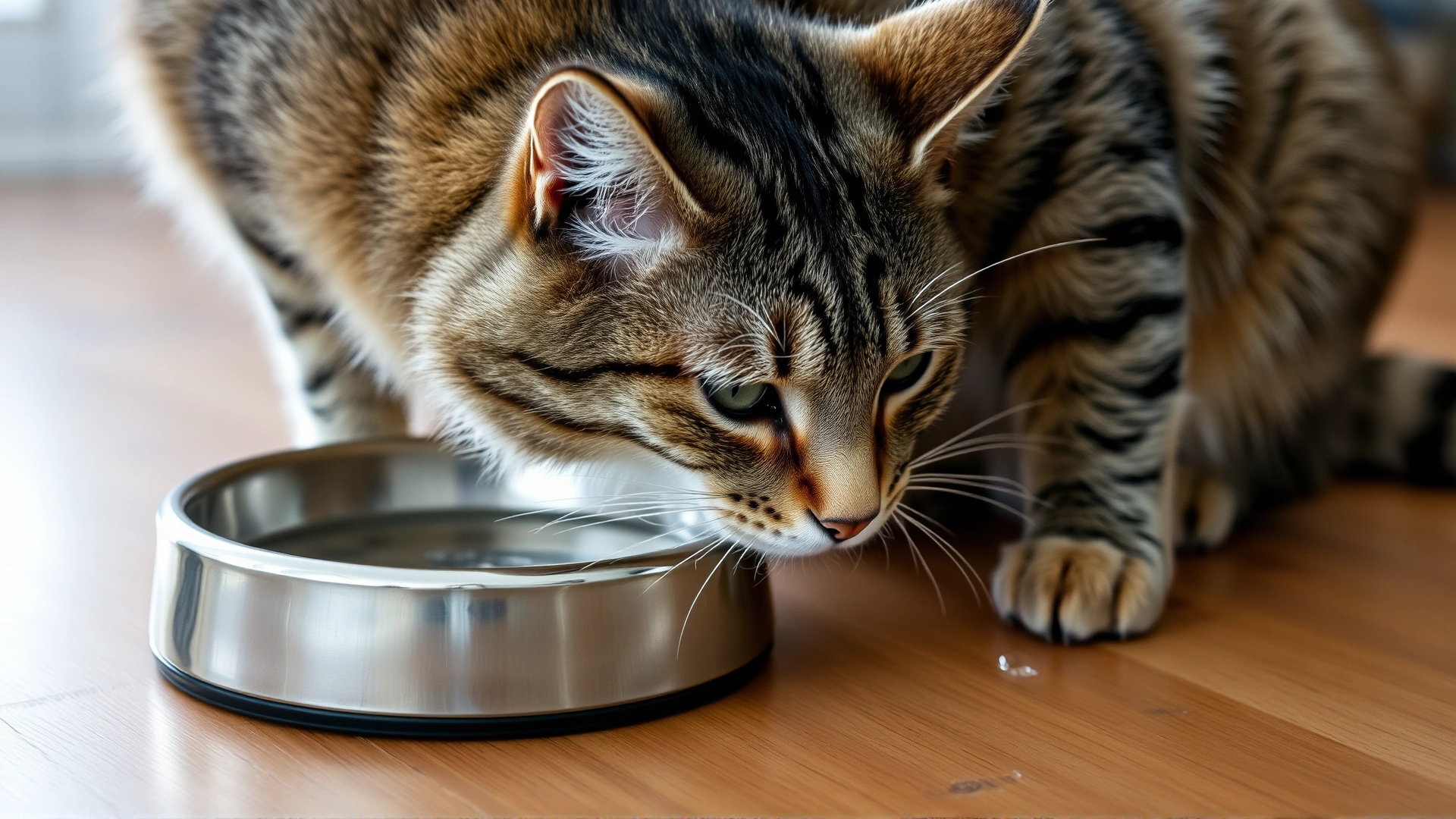 Grey tabby cat drinking fresh water from a stainless steel bowl on wooden floor, highlighting excessive thirst symptom
