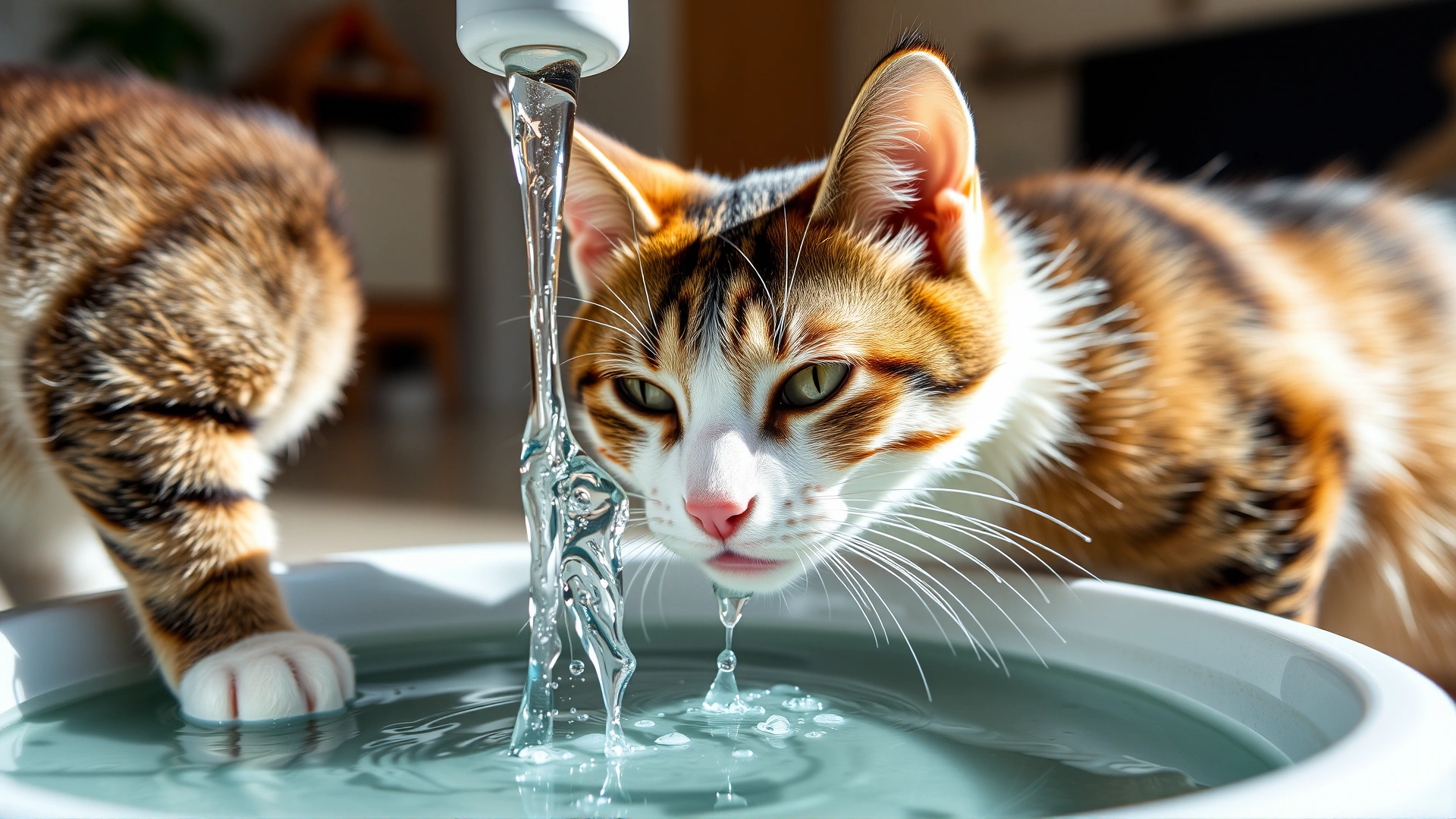 Close-up of a cat drinking fresh water from a flowing pet water fountain in a bright home environment.