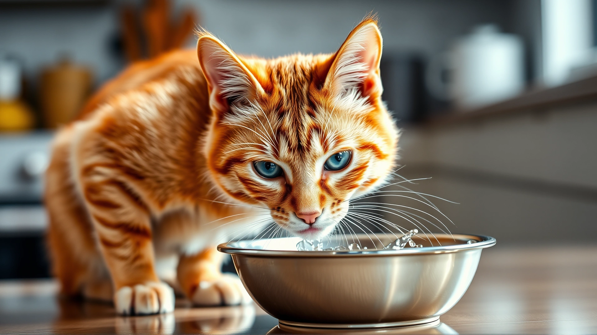 Orange tabby cat drinking fresh water from a stainless steel bowl, kitchen setting, emphasizes hydration.