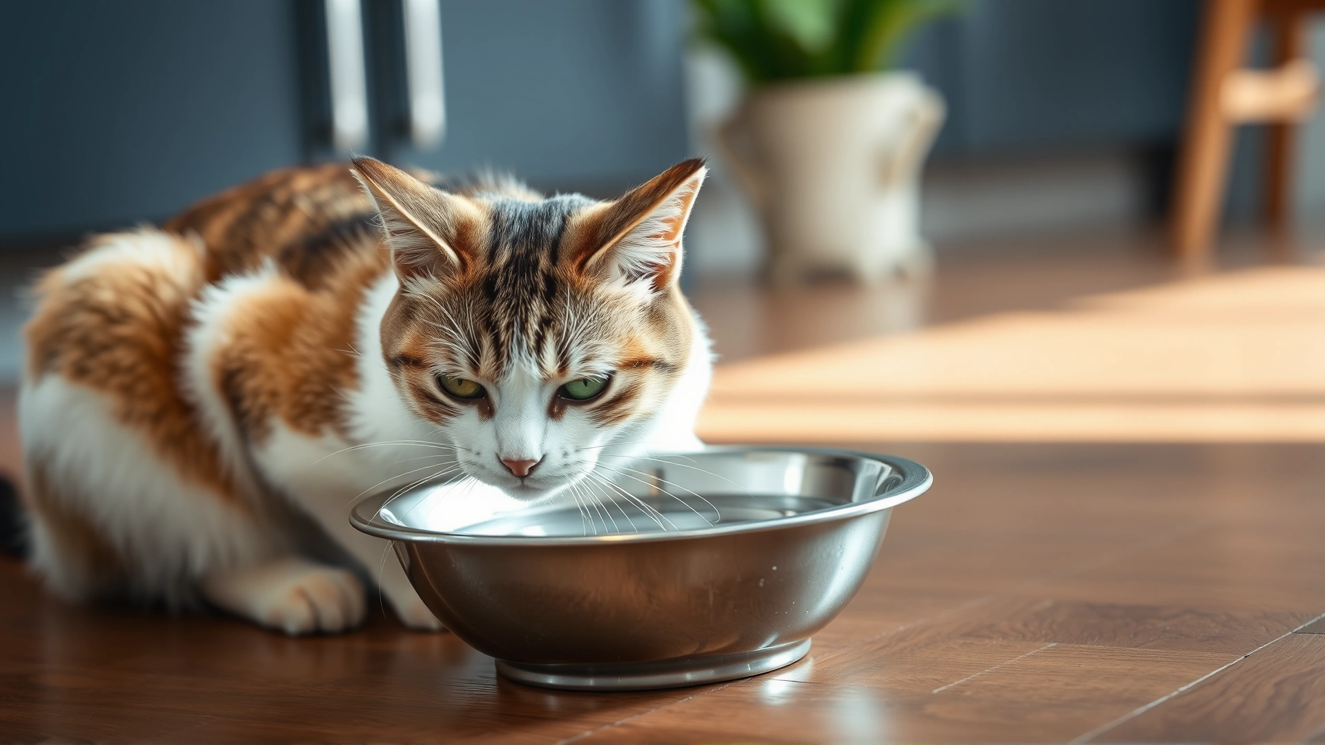 A healthy cat drinking fresh water from a stainless steel bowl placed on a kitchen floor, natural daylight.