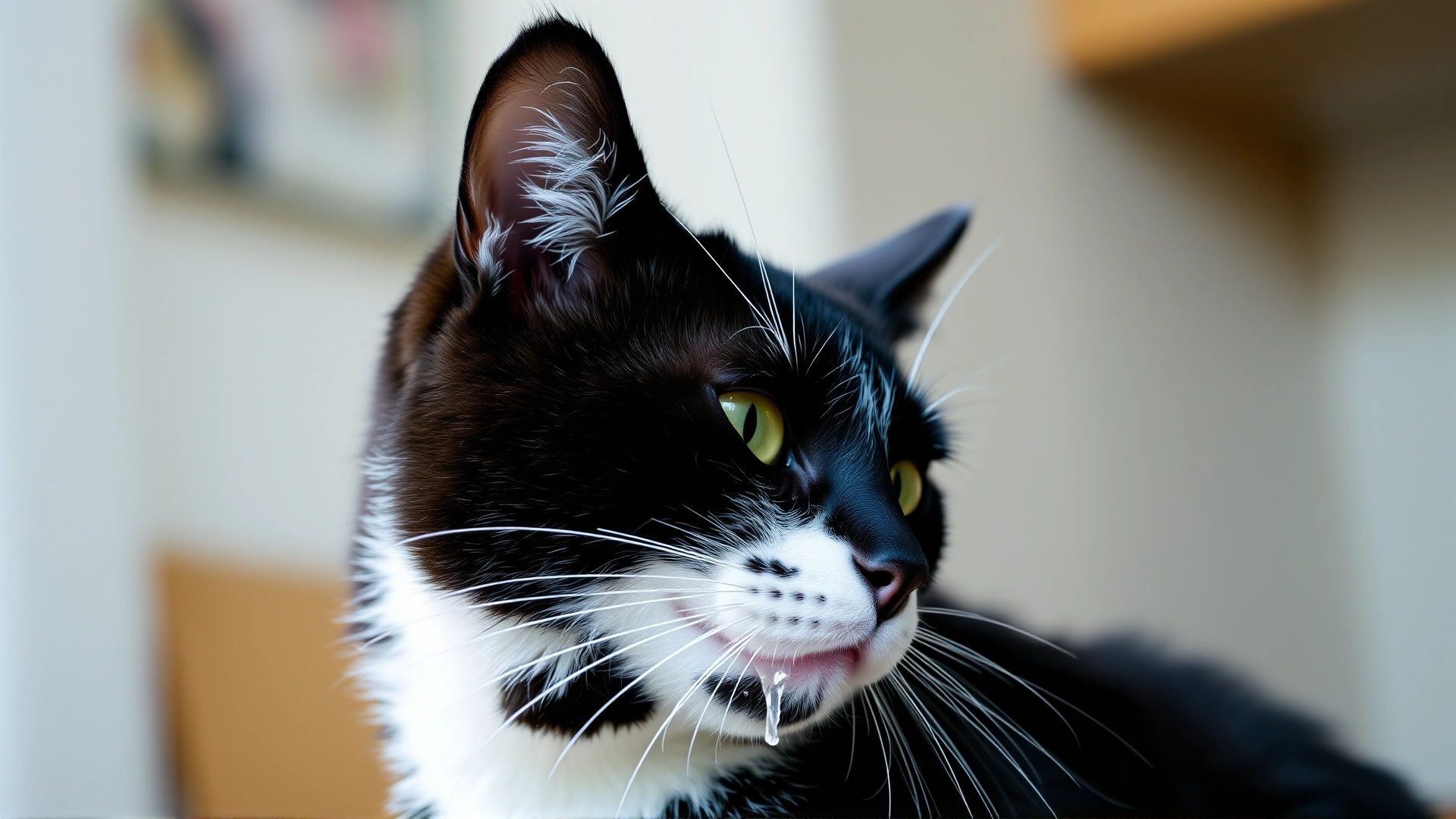 Close-up side profile of a black and white cat with a small trail of drool dripping from the corner of its mouth; neutral blurred background.