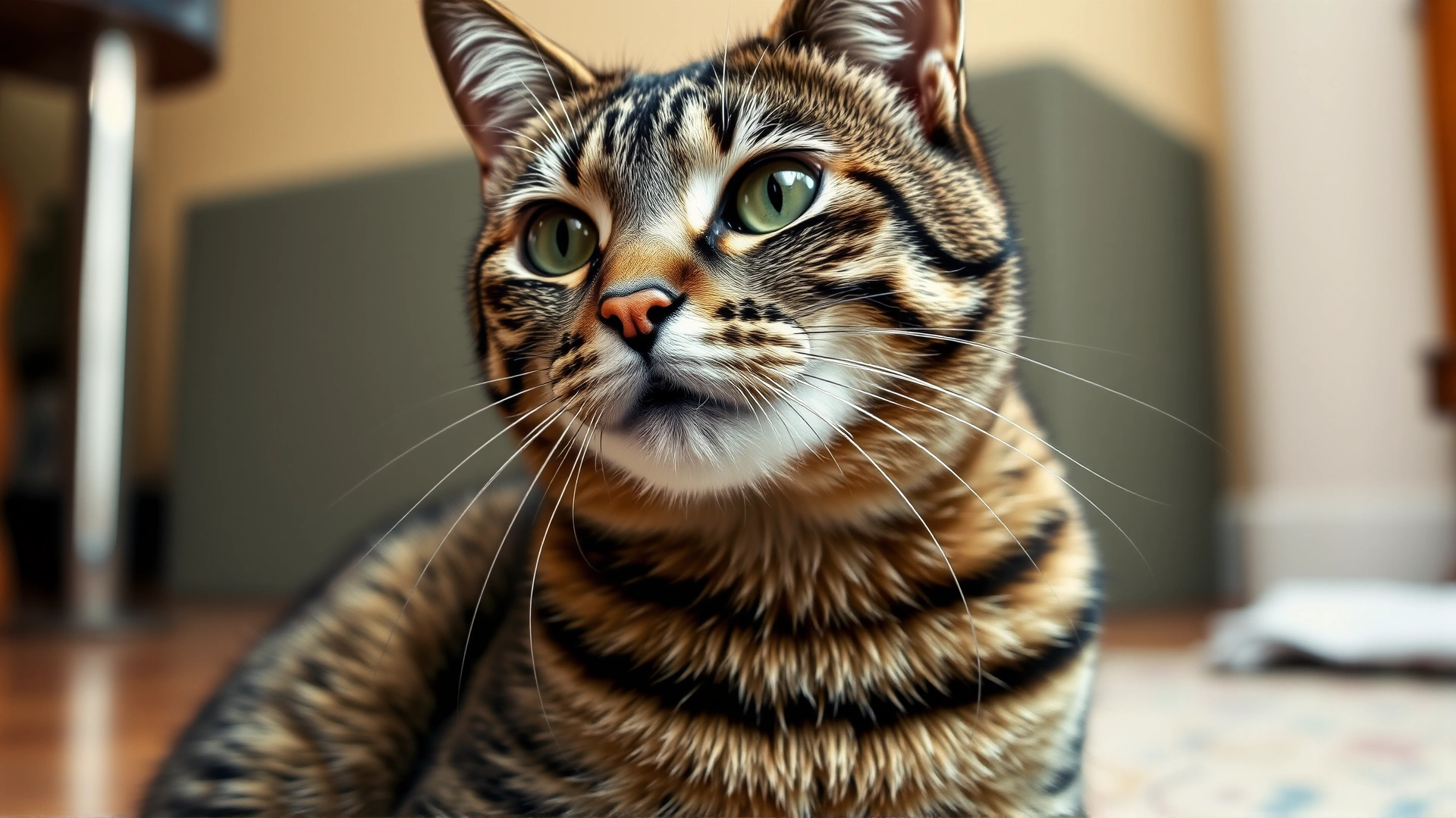 Medium shot of a tabby cat sitting with a visible thin strand of drool hanging from its mouth, indoor setting, warm tones