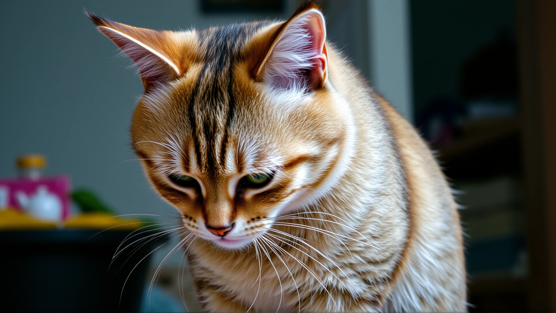 Domestic short-haired cat sitting with a slight drool at the corner of its mouth, looking uncomfortable and restless, home environment.
