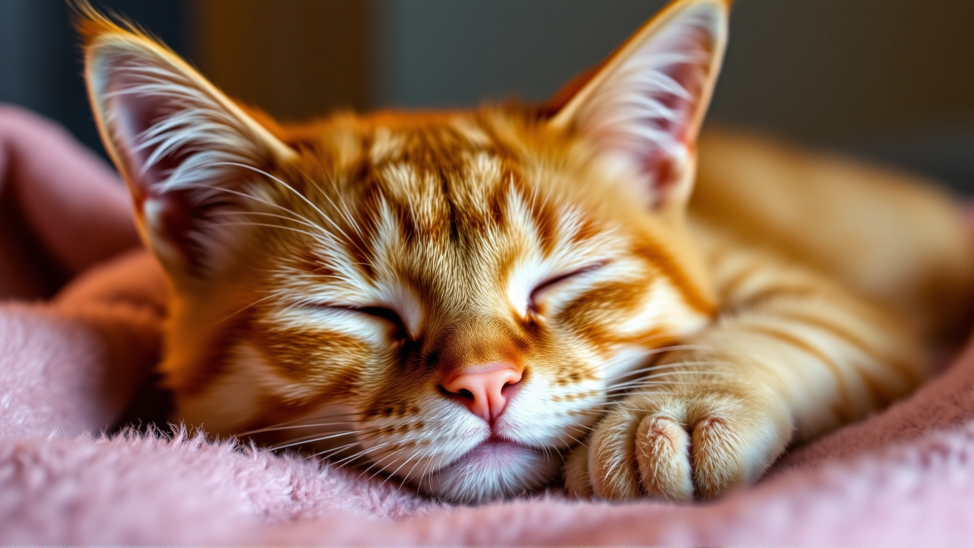Lethargic orange tabby cat lying on a plush blanket, eyes half-closed, indoor warm lighting