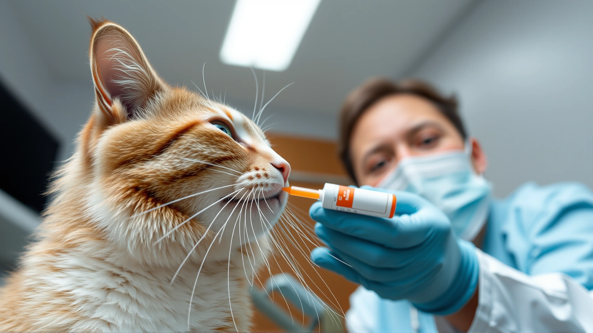 Veterinarian giving oral medication to a calm adult cat to illustrate drug-induced pseudo Pelger–Huët anomaly, well-lit clinic interior