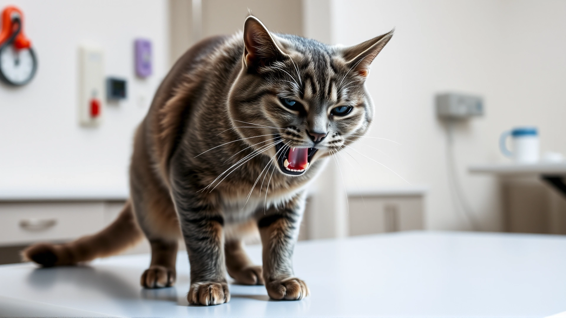 Full-body shot of a grey domestic cat with mouth partially open, breathing heavily while standing on a veterinary examination table; clinic background slightly blurred.